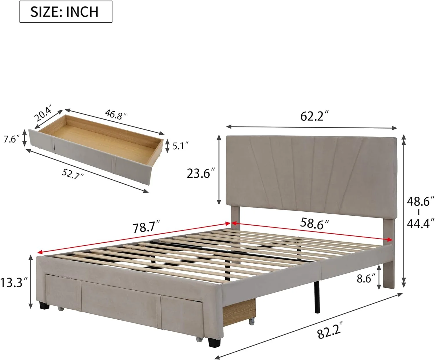 Sorage Bed Velve Upholsered Plaform Bed Frame Wih A Big Drawer,Queen Size Wooden Sla Suppor, No Box Spring Needed