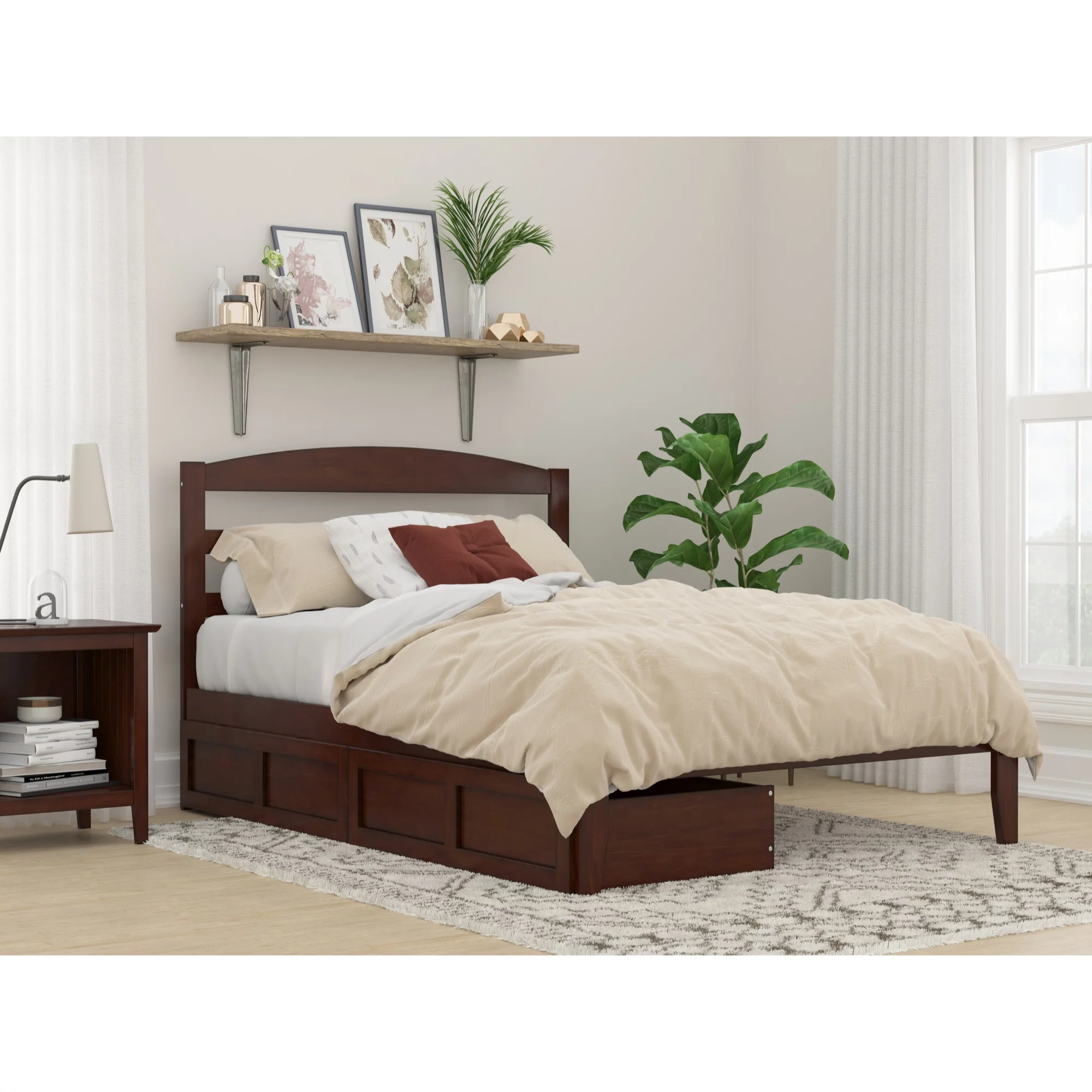 AFI Warren Solid Wood Full Bed with 2 Storage Drawers in Walnut