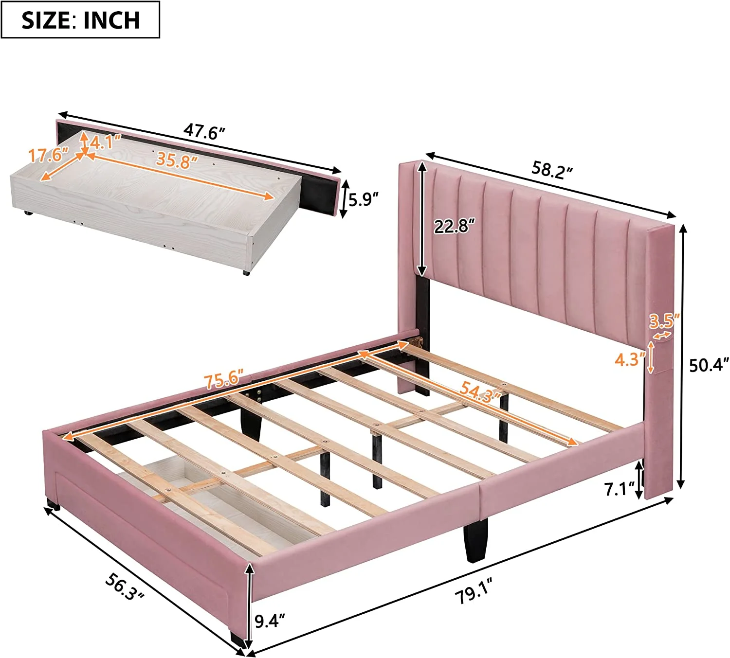 Upholstered Full Bed Frames,Velvet Full Size Platform Bed With Headboard,Full Storage Bed With A Big Drawer For Bedroom Guestroom, No Box Spring Needed(Full,)