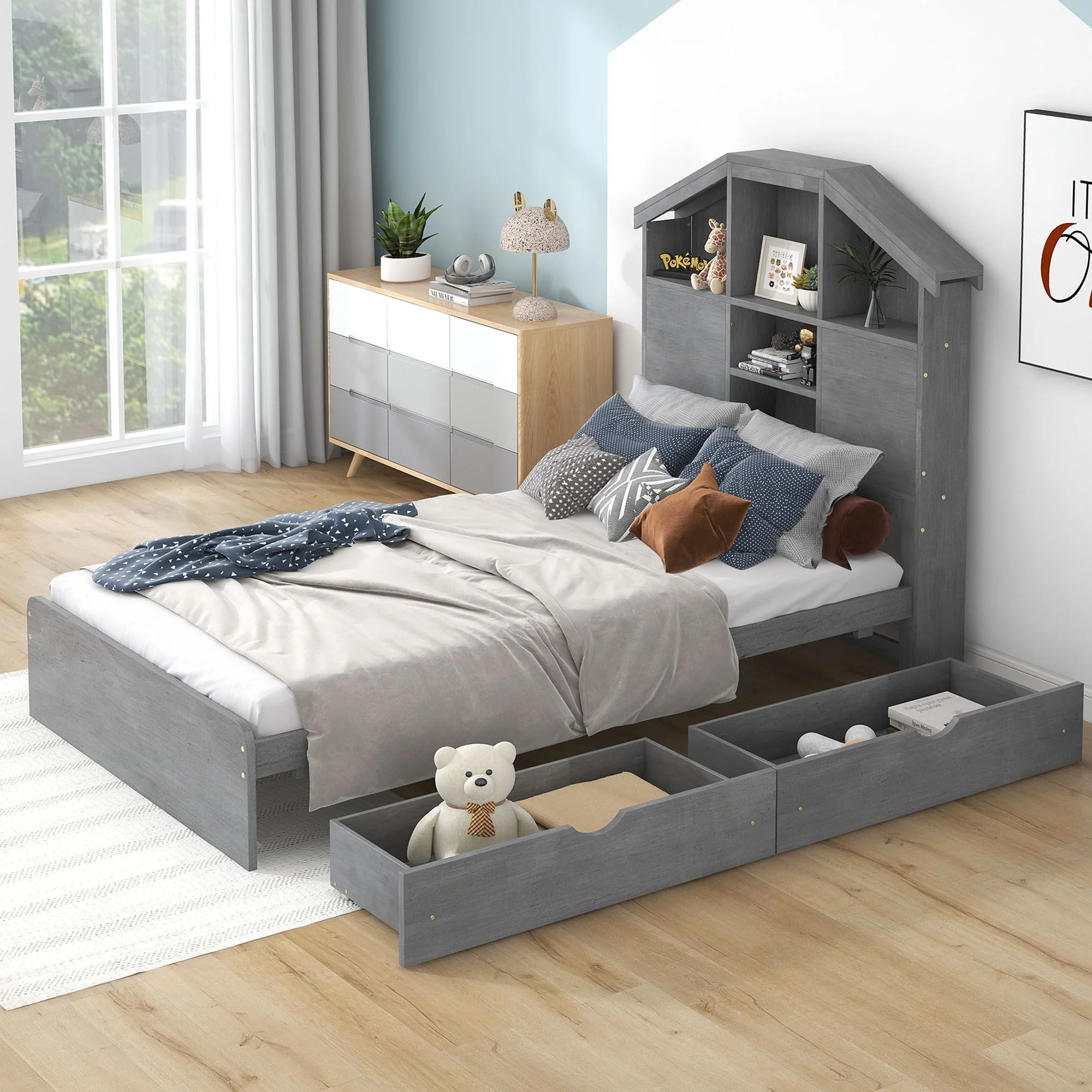 Solid Wood Bed Frame with House-shaped Storage Headboard and 2 Drawers, Platform Bed Frame, Mid Century Bedframe, Wood Foundation(Gray, Twin)
