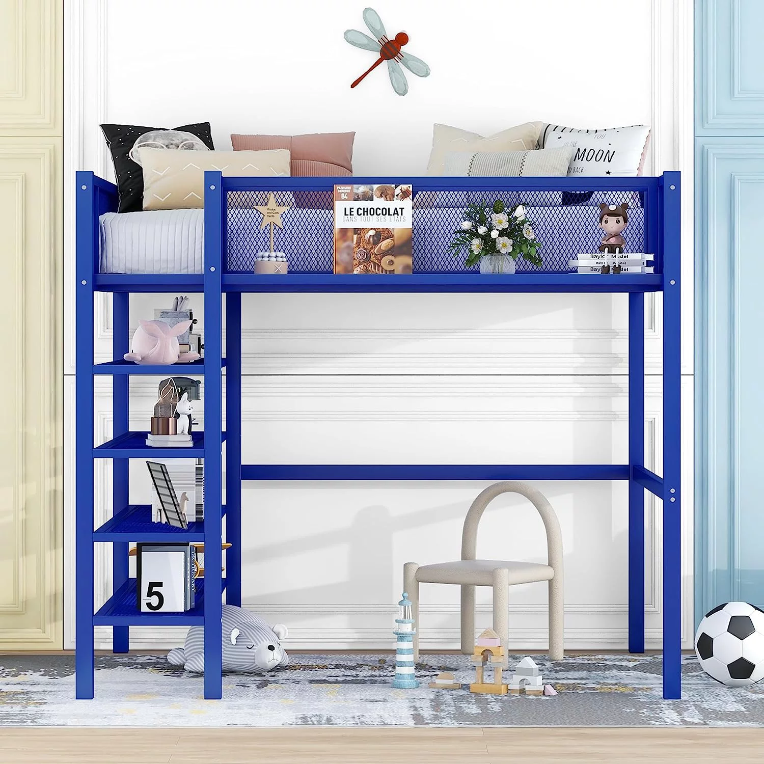 Momspeace Twin Size Metal Loft Bed with 4-Tier Shelves and Storage - Blue