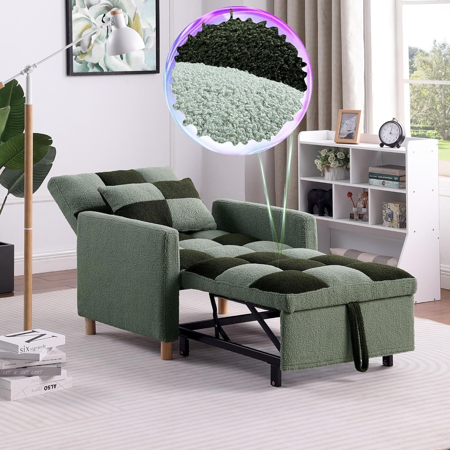 Convertible Sleeper Sofa Chair Bed, Adjustable Chair With Pillow, Multi-Functional Sleeper Chair With Soft Teddy Fabric For Living Room, Dorm, Apartment, Bedroom Or Office, Green
