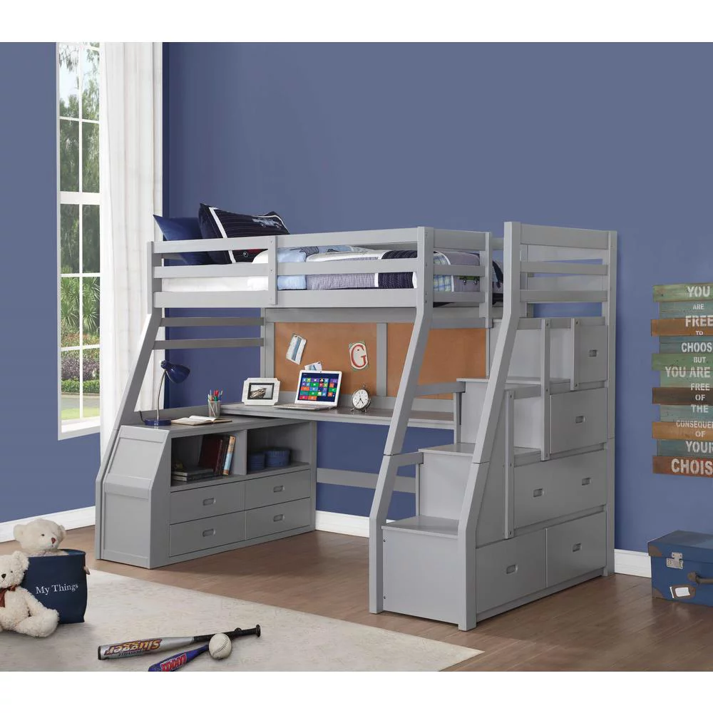 HomeRoots Uptown Pine Wood Loft Bed, Full, Gray