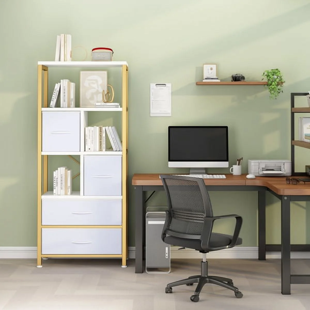 SYTHERS Bookcase, 5-Tier Bookshelf with 4 Drawers, Tall Storage Tower Vertical Standing Chest Organizer for Entryway, Closet, Laundry,Bedroom, Living Room(23.6