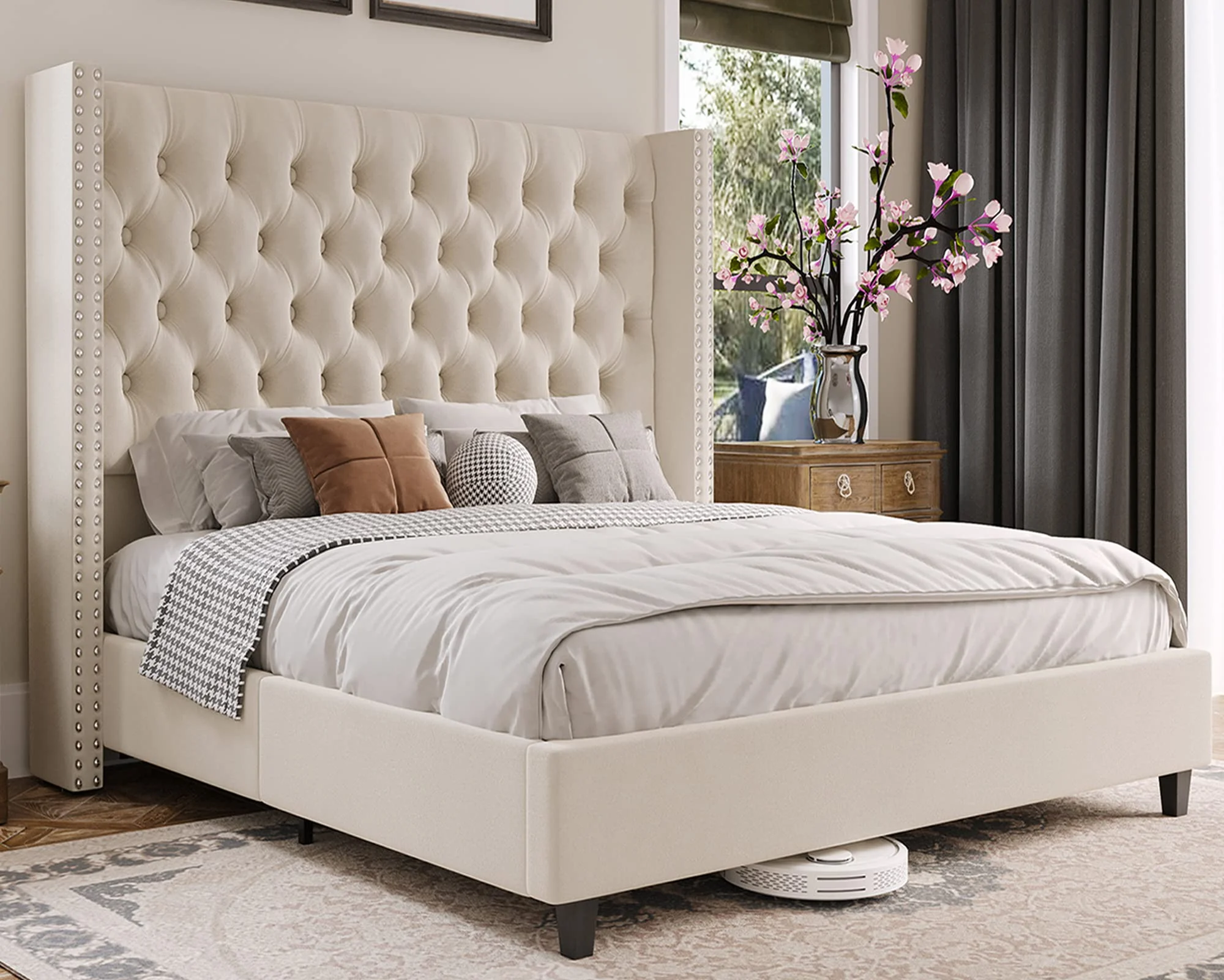 Queen Upholstered Bed Frame with Tall Headboard Wingback Platform Bed Tufted Deep Button Velvet/No Box Spring Needed/Easy Assembly/Cream