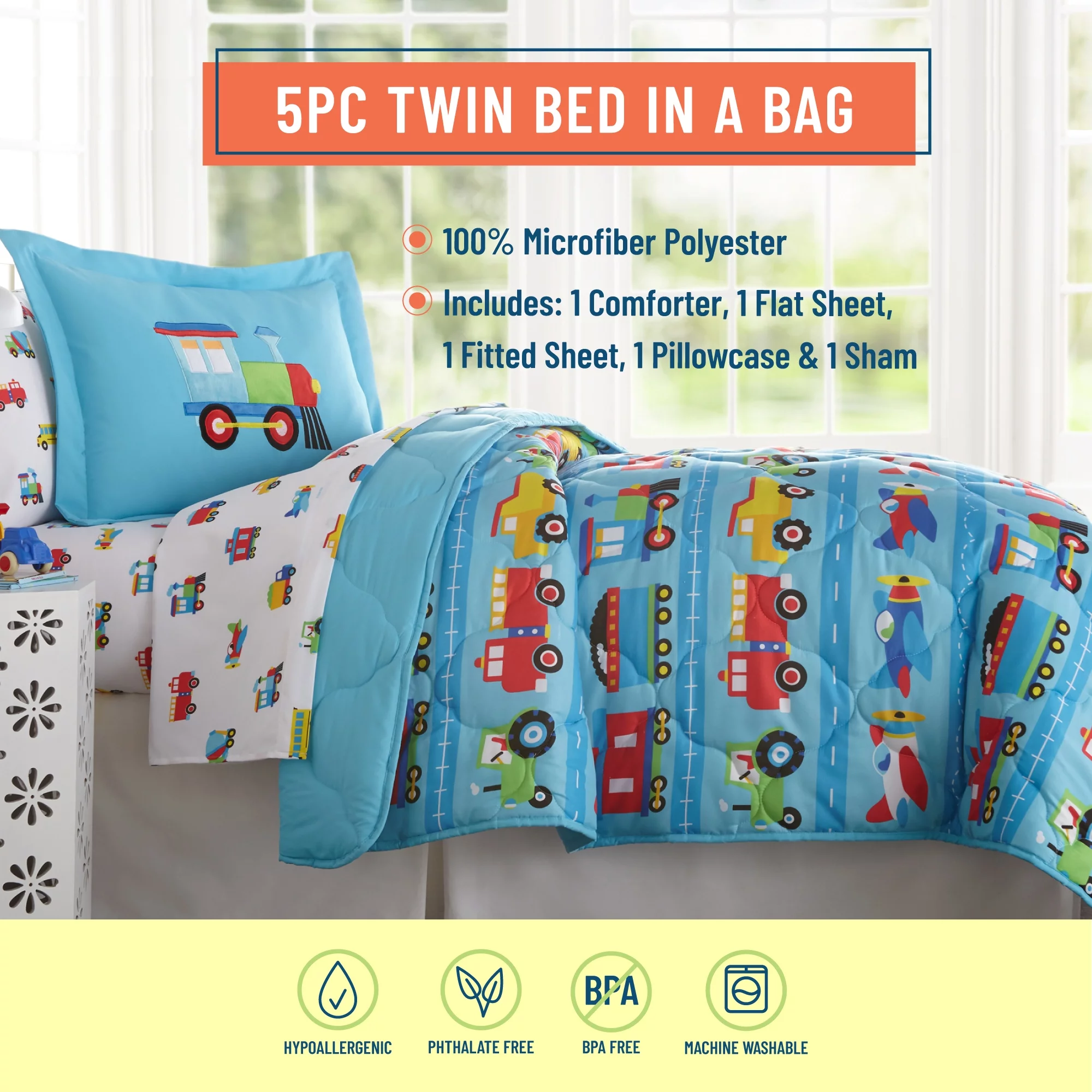 Wildkin Kids 5 Pc Twin Microfiber Bed in a Bag for Boys & Girls (Trains, Planes & Trucks Blue)