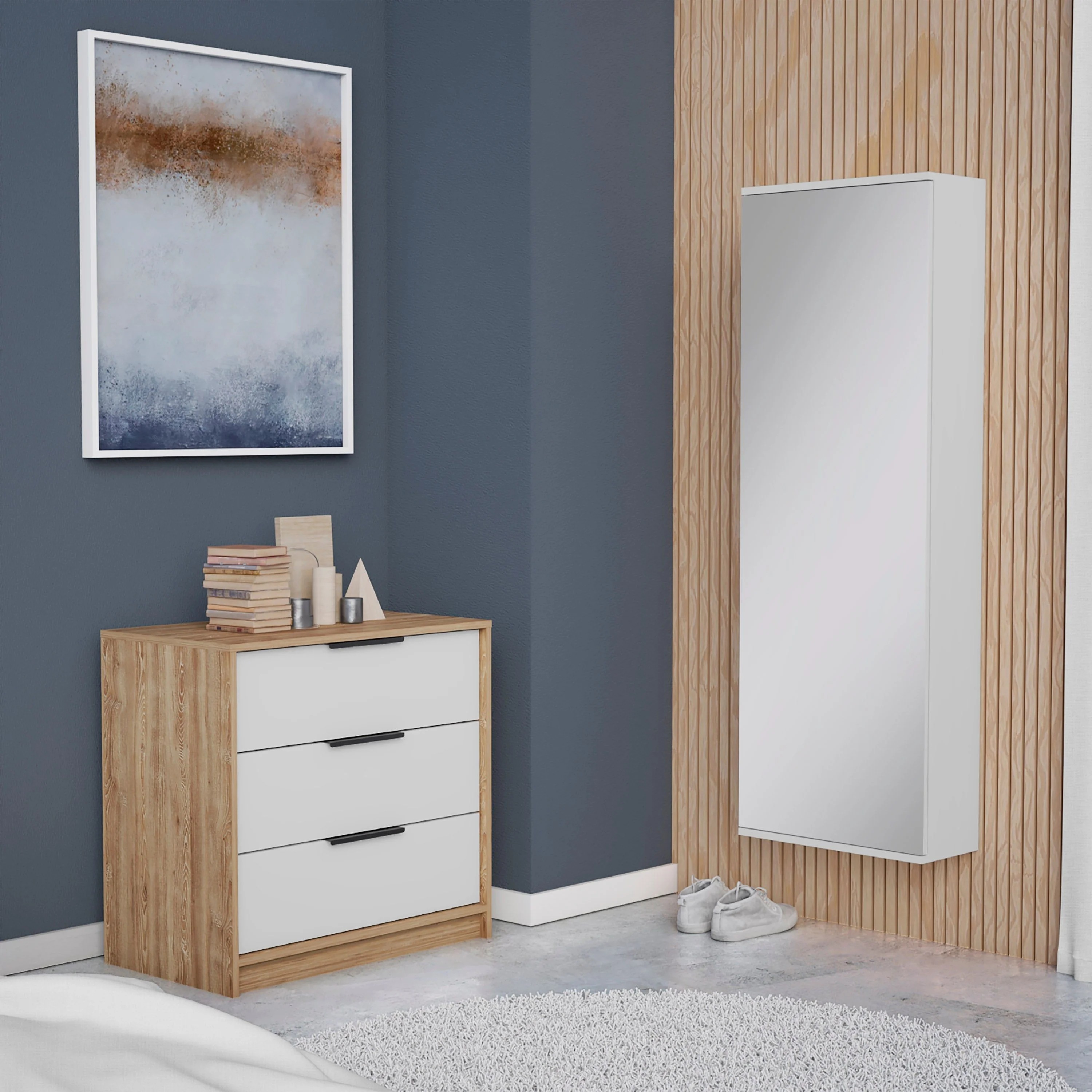 TUHOME Madison 2-Piece Bedroom Set with Shoe Rack and 3-Drawer Dresser, White/Pine
