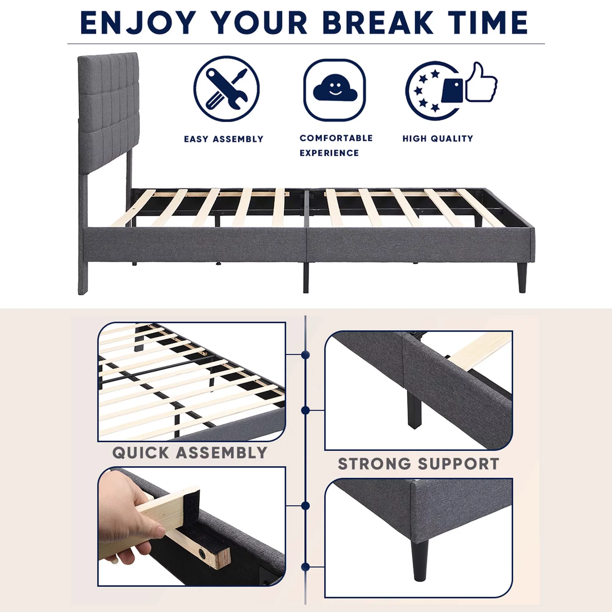 Momspeace Bed Frame Queen Size with Headboard and Strong Wooden Slats Upholstered Platform Bed, Gray