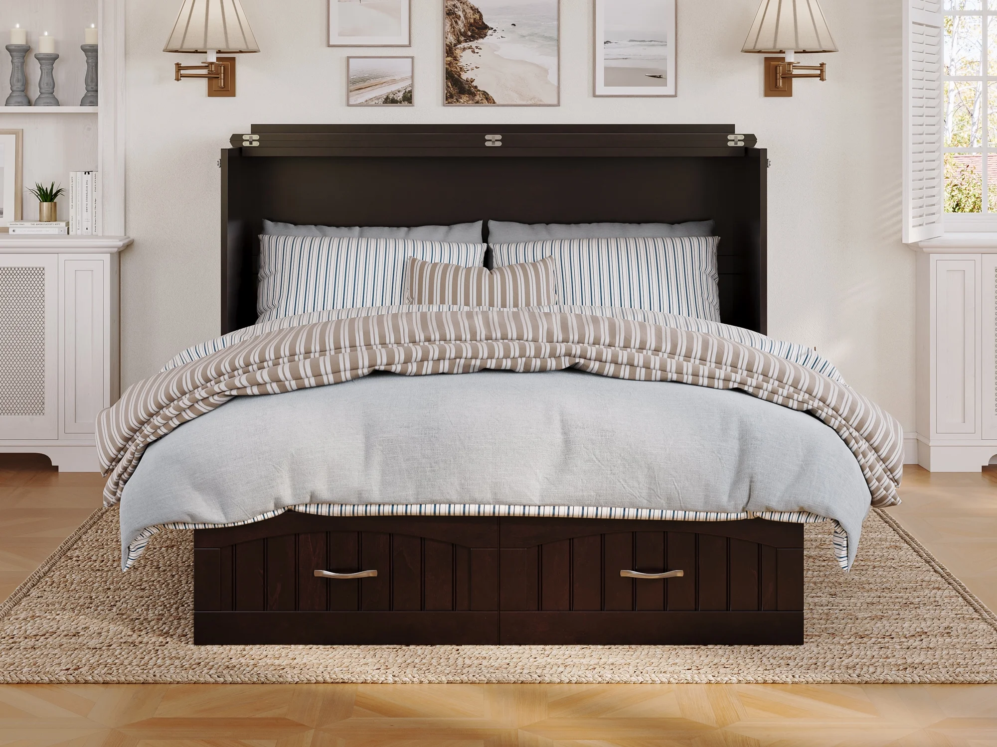 AFI Nantucket Queen Solid Wood Murphy Bed Chest with Mattress, Drawer & Charger in Espresso
