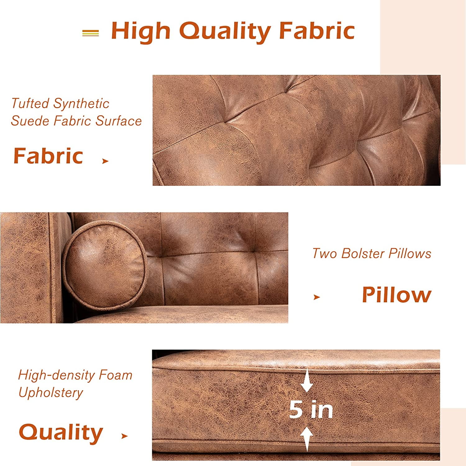 YODOLLA 84.2” Tufted Leather Sofa Couch Mid-Century Modern Couches for Living Room,Apartment,Office (Brown)