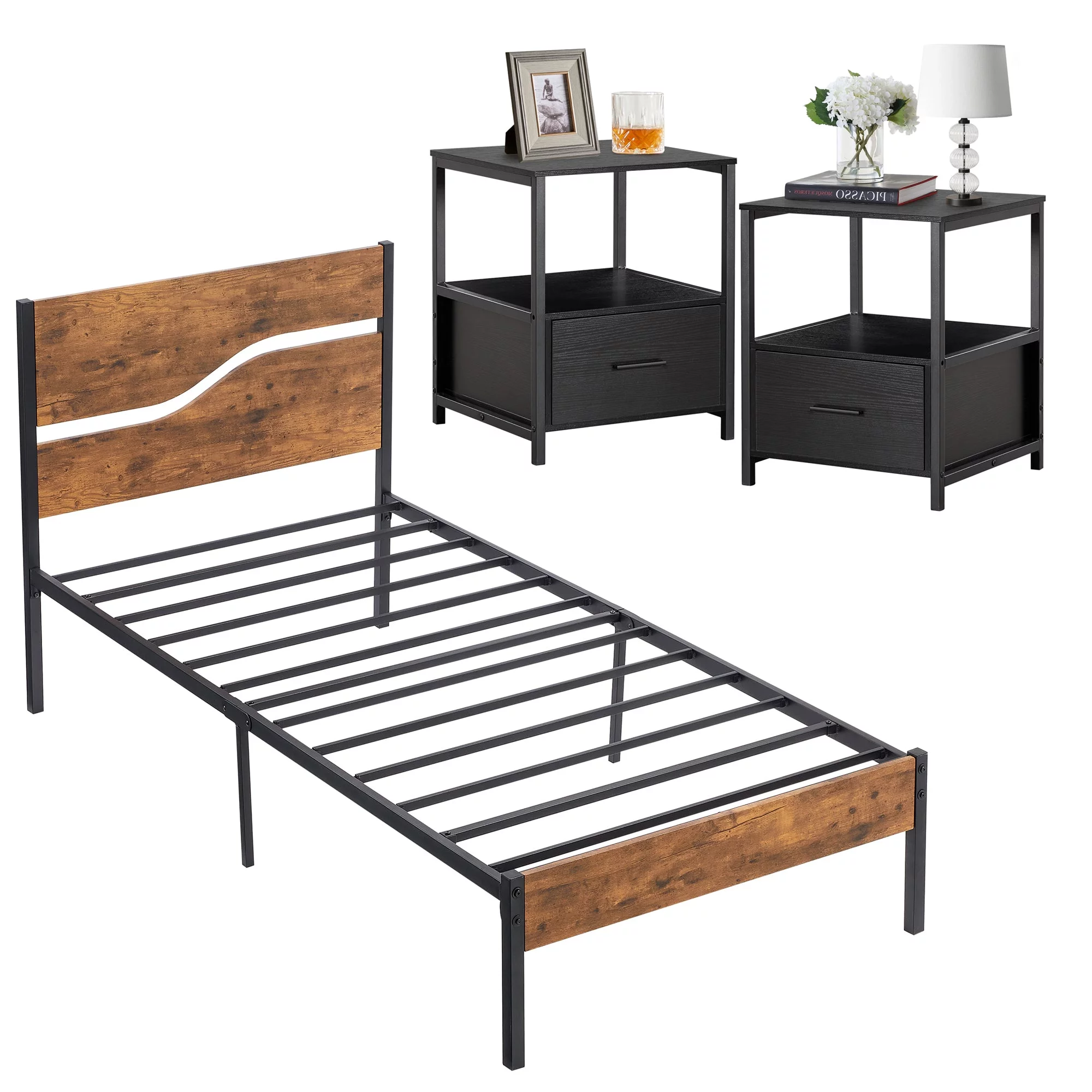 VECELO 3-Piece Bedroom Set Twin Bed Frame and 2 Black Nightstands