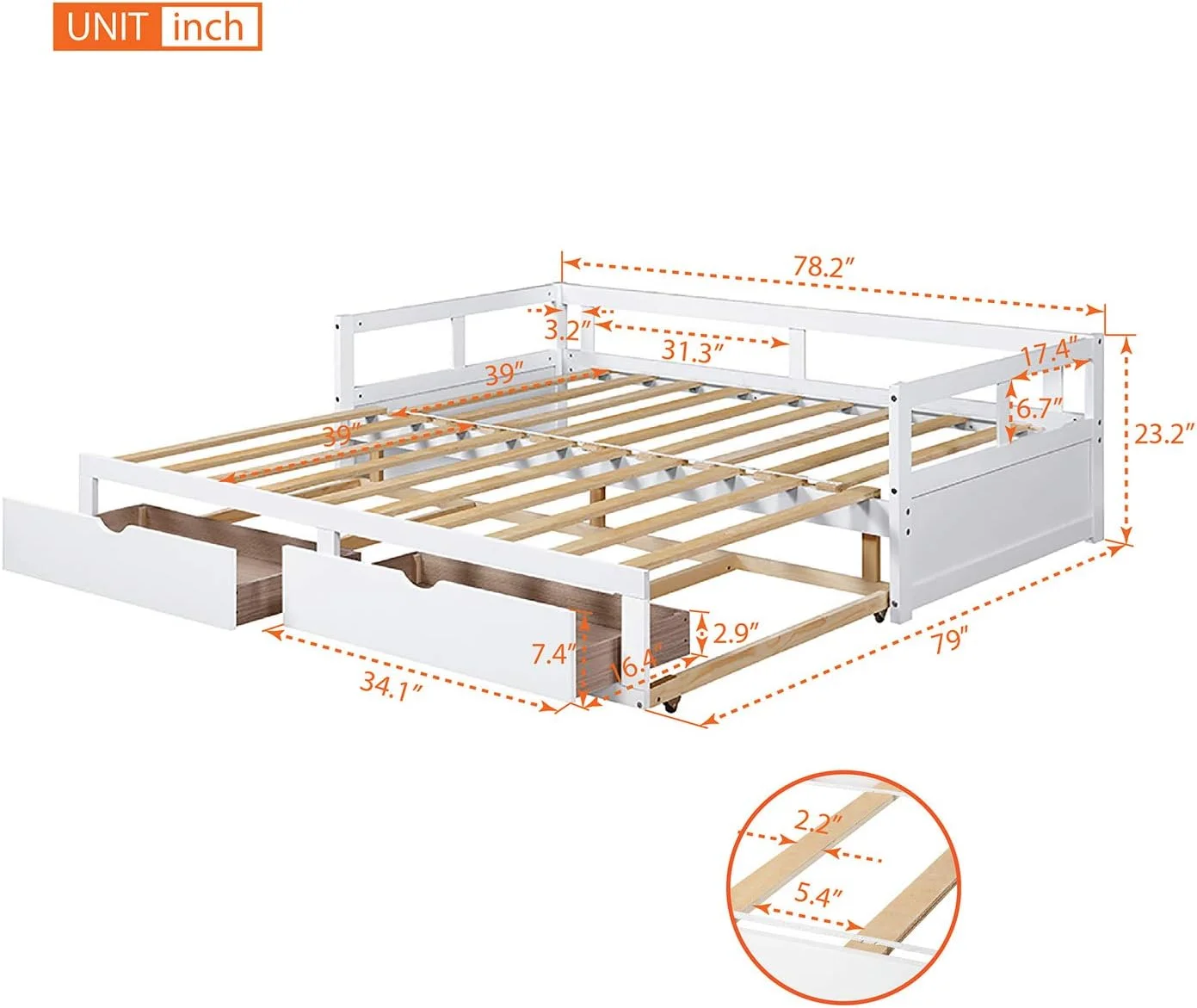 Daybed With Trundle Bed And 2 Storage Drawers, Sofa Bed, 78.2