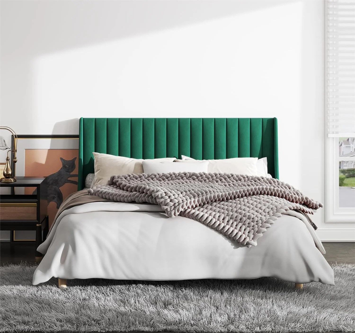YGDU Full Vertical Tufted Channel Headboard Frame with Wingback Design Platform Beds Size with Wooden Slats, No Box Spring Needed, Green Velvet Fabric, Evergreen