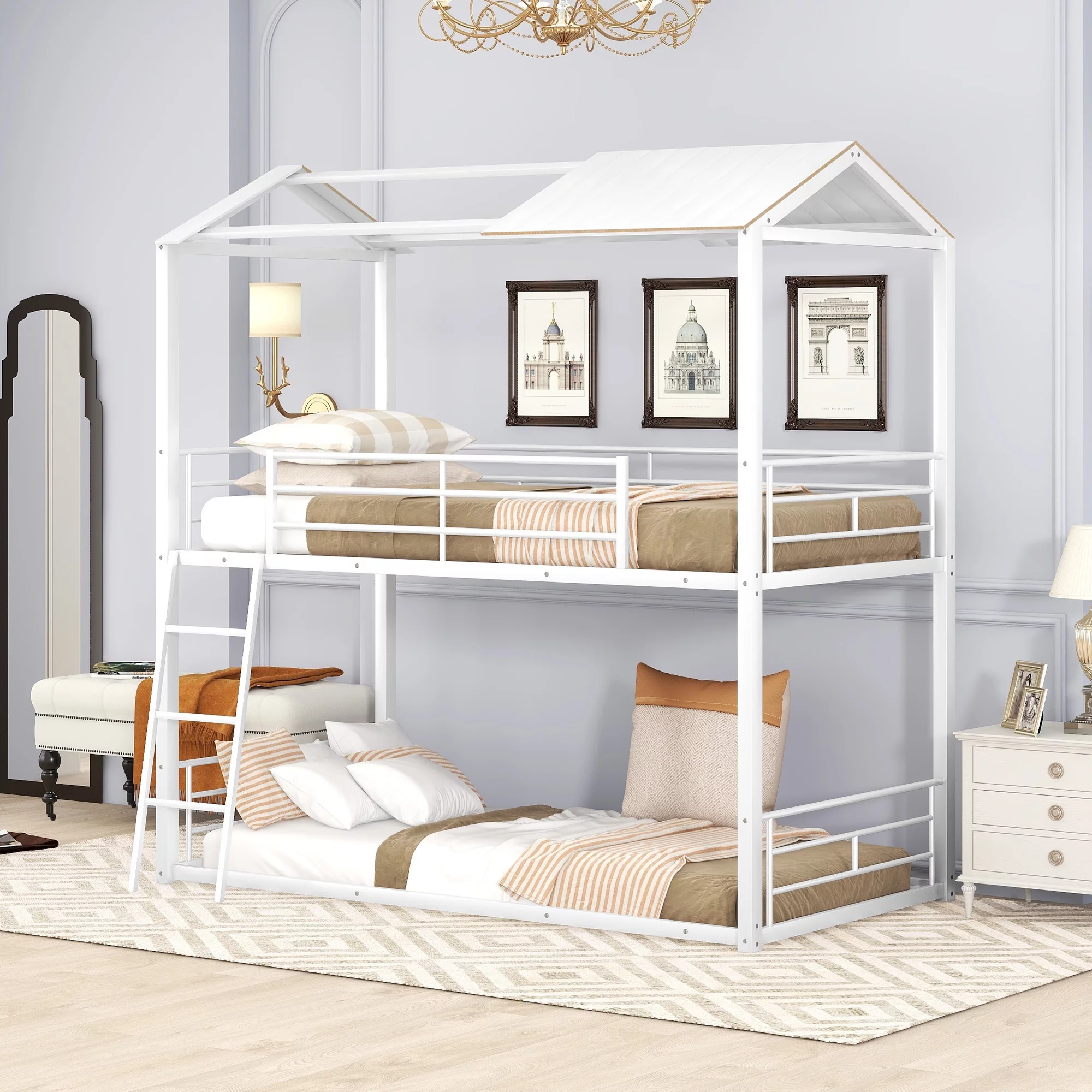 Bunk Bed with Built-in Ladder Headboard and Footboard, Bunk Bed Twin Over Twin, Metal Bunk Beds for Kids, House Bed with Half Roof, Guardrail and Ladder (White,Twin Over Twin)