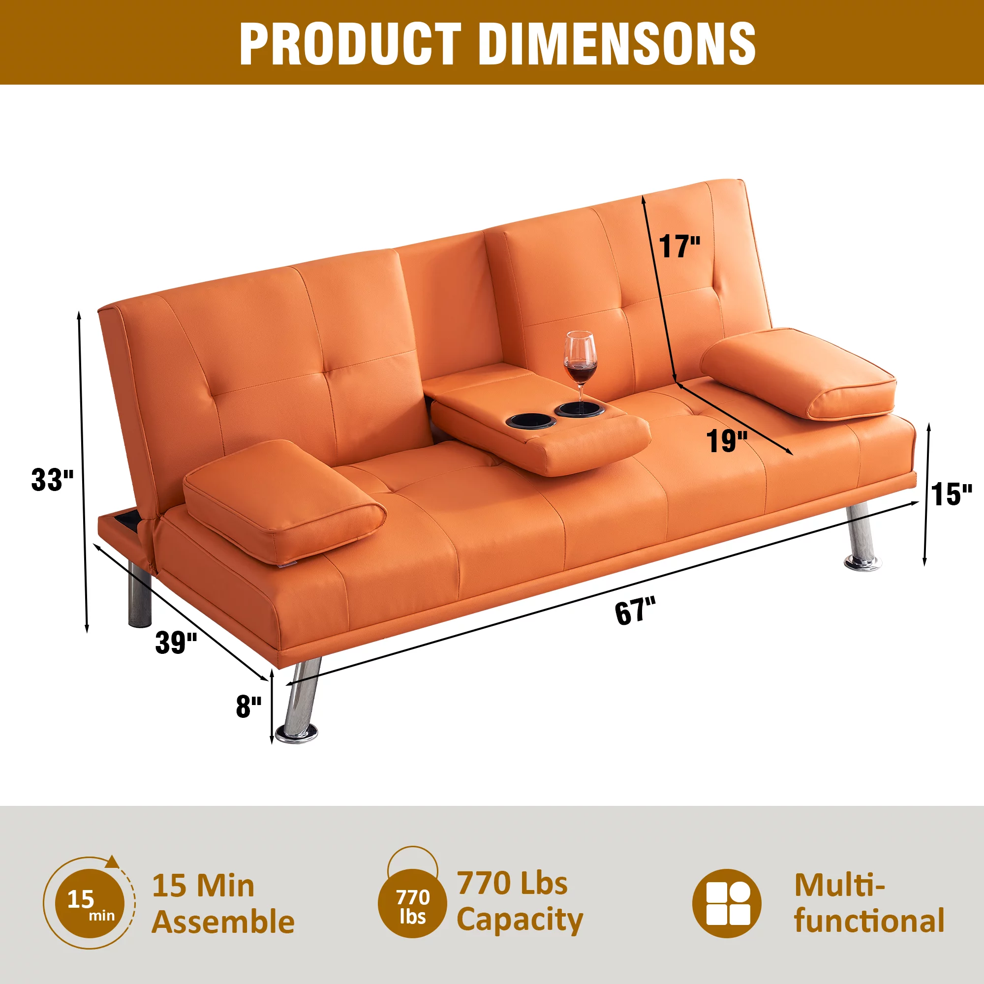 Ucloveria PU Leather Folding Sofa Bed with 2 Cup Holders, Multifunctional Sofa Sleeper Adjustable Back for Living Room, Covertible Loveseat Sofabed Couches, Orange