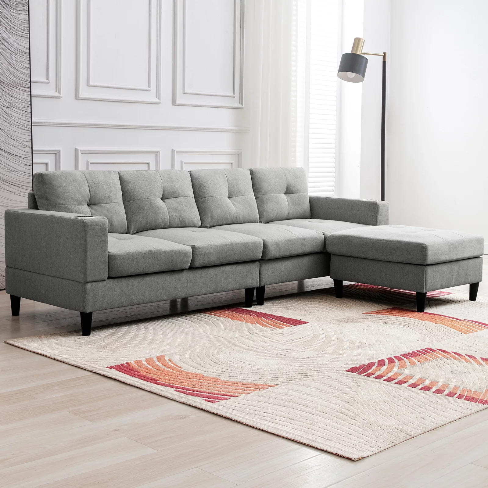 MUZZ Reversible Sectional Sofa, 4 Seat L-Shape Sofa Couches for Living Room, Convertible Sectional Couch with Reversible Chaise, Modular Sectional Couch with 2 Cup Holders for Apartment, Light Grey