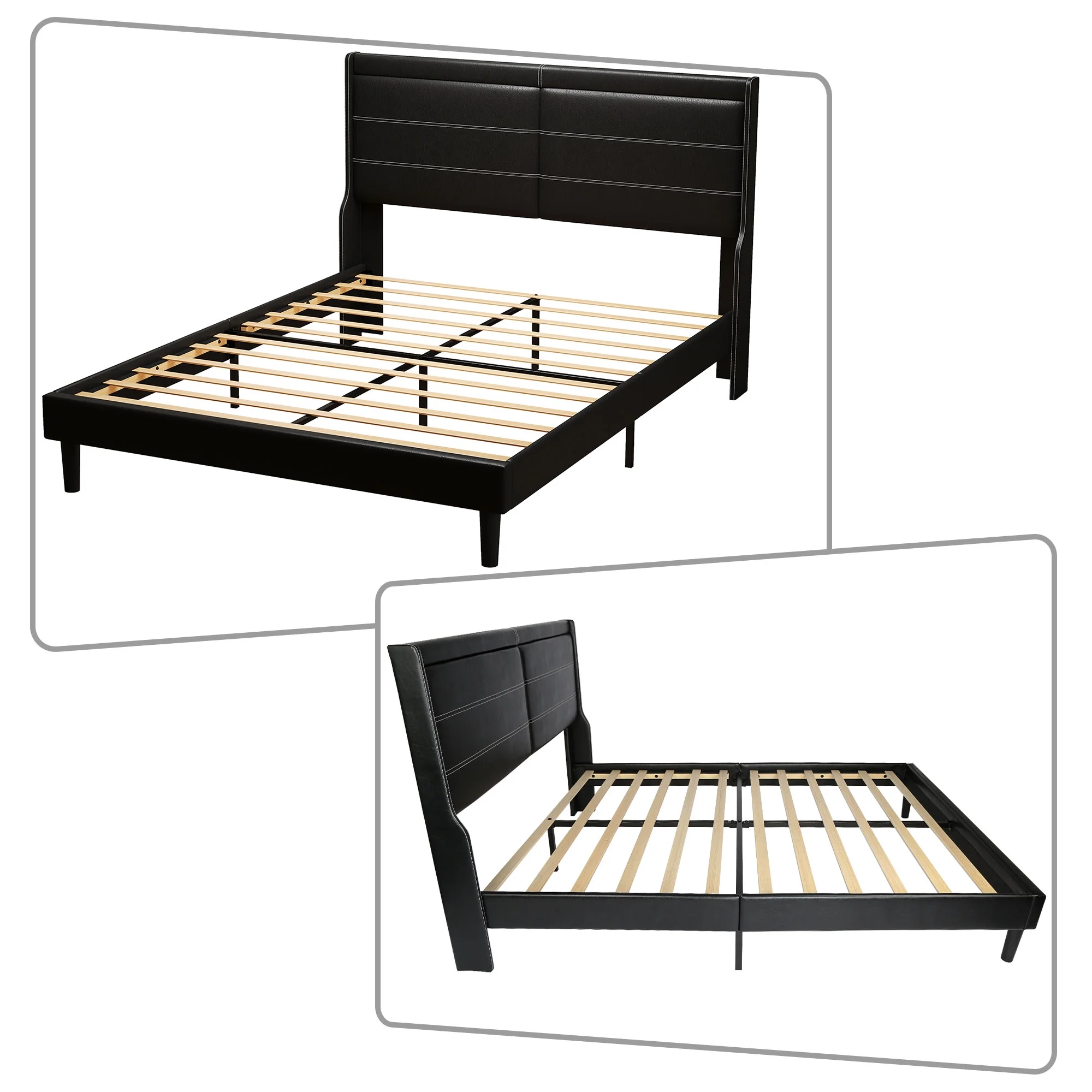Modern and Elegant Queen Size PU Leather Upholstered Platform Bed with Wooden Frame, Antique Black