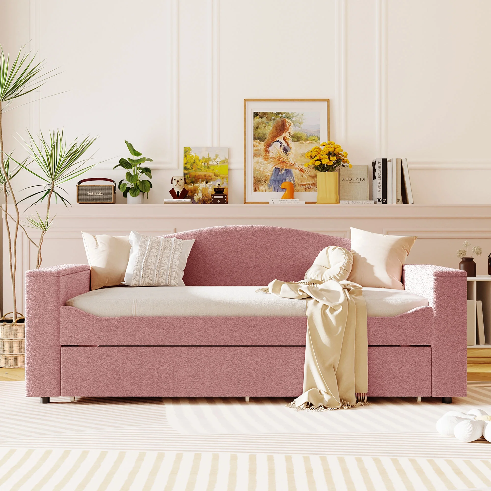 Teddy Fleece Twin Size Daybed with Storage, Trundle and Bluetooth, Pink Upholstered Daybed with Armrests