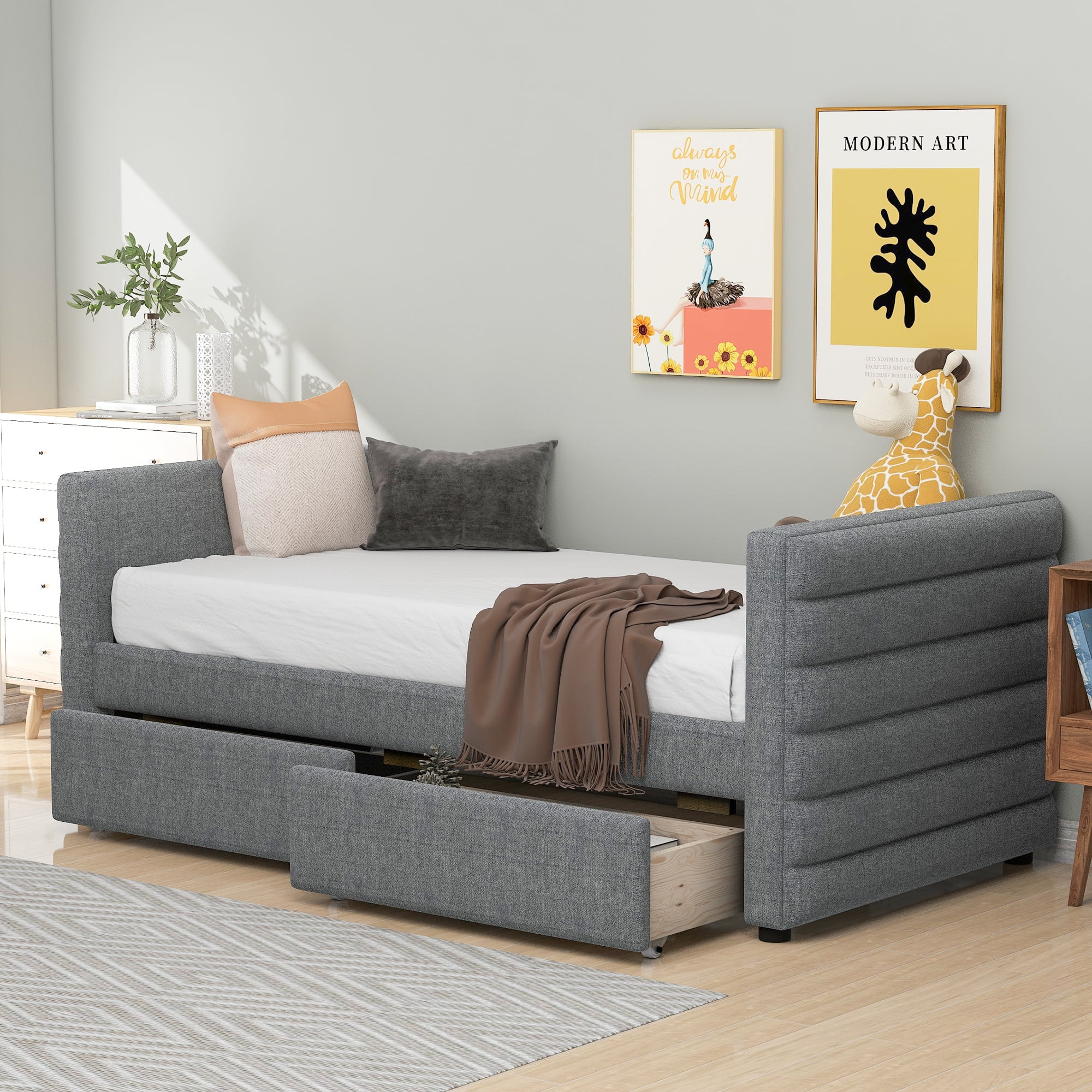 Euroco Twin Size Upholstered Daybed with 2 Drawers for Kids Room