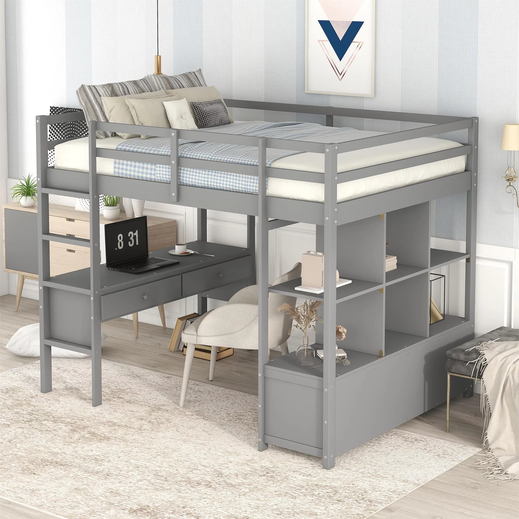 Full Size Wood Loft Bed with Desk, Drawers and Shelf for Kids, Gray