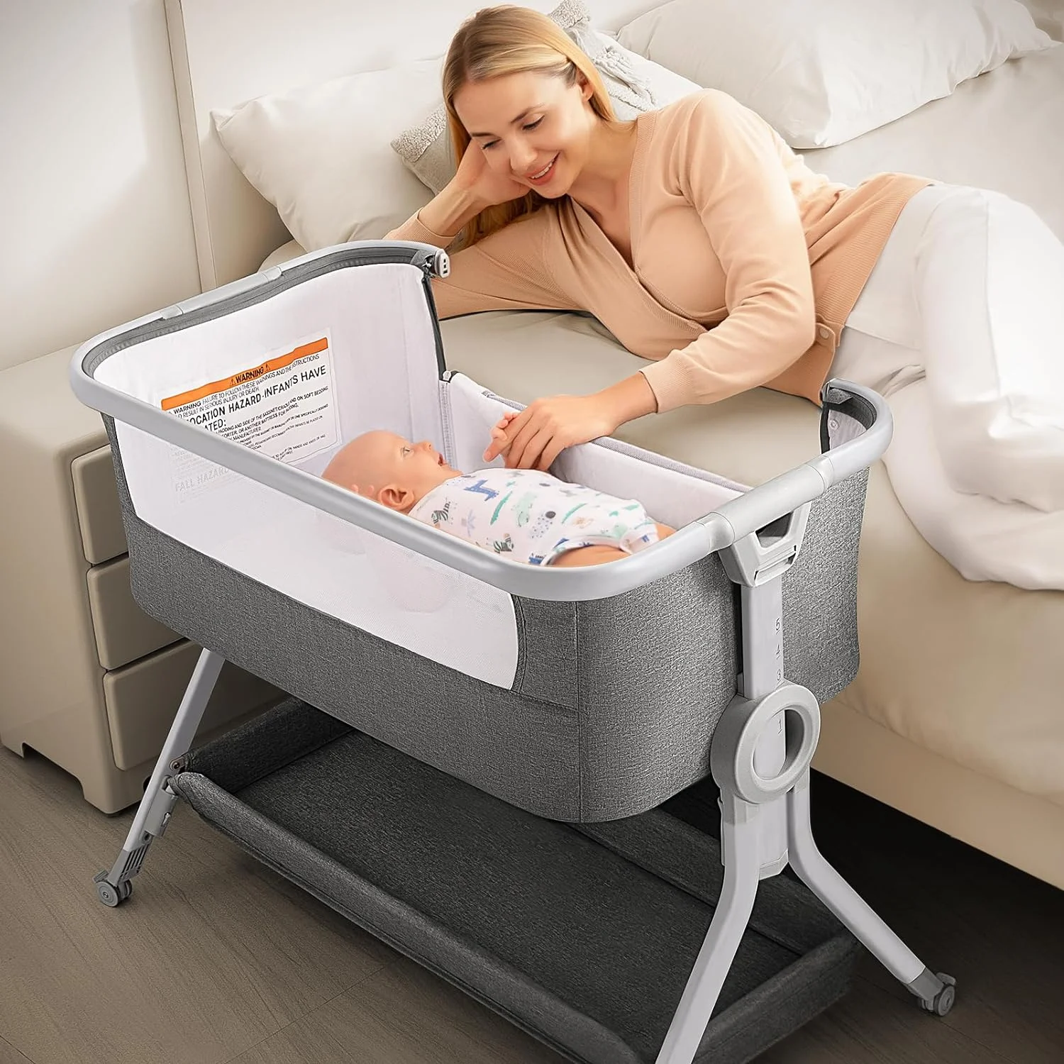 3 in 1 Baby Bassinet Bedside Sleeper, Breathable Mesh Safe Bedside Bassinet for Baby, Easy Assemble & Folding Portable Bassinet, 5 Height Adjustable Bedside Crib with Storage Basket, Mattress, Wheels