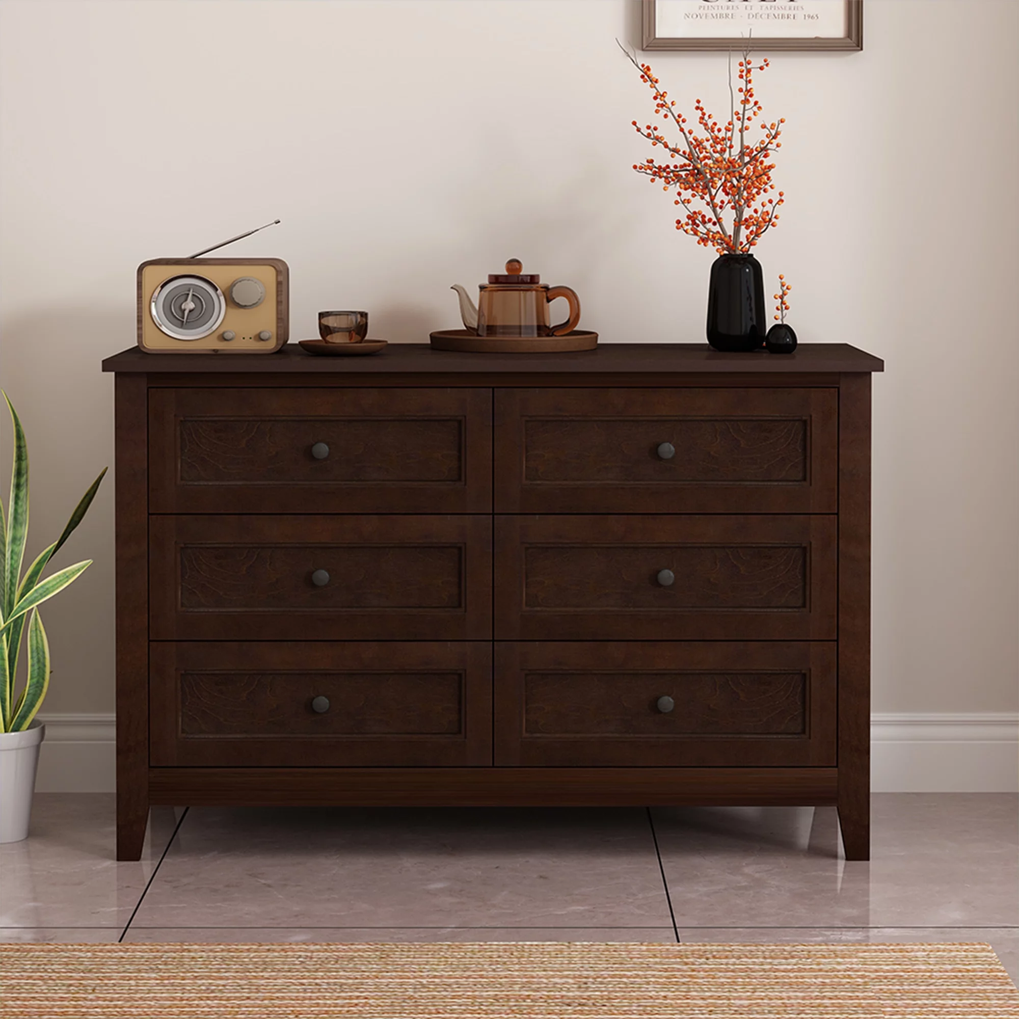 Birch Solid Wood Dresser Double Chest of 6 Drawers Bedroom Storage Brown
