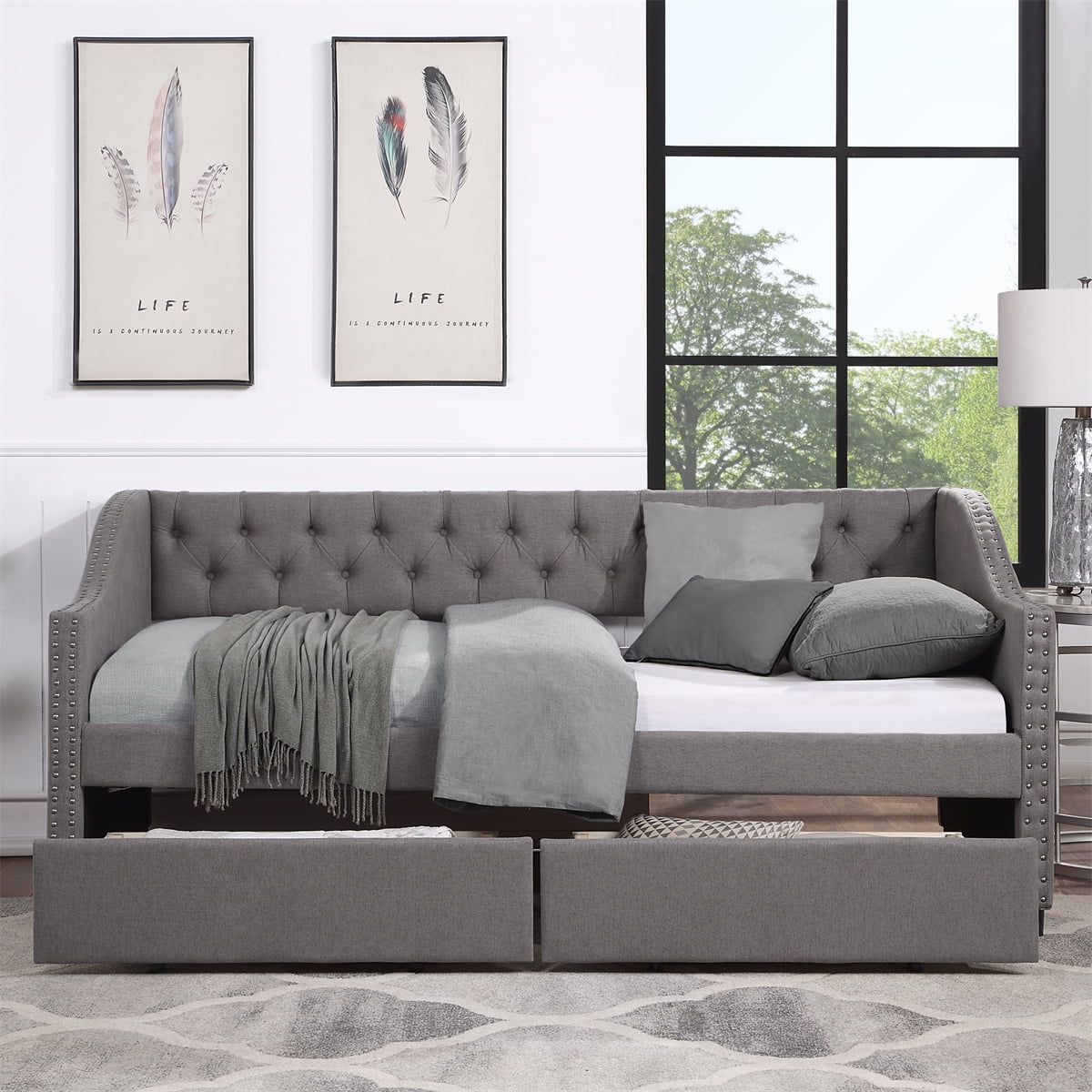 Daybed with 2 Storage Drawers, Wood Twin Bed Frame Sofa Bed for Kids Girls Boys, Living Room Bedroom Furniture, No Box Spring Needed