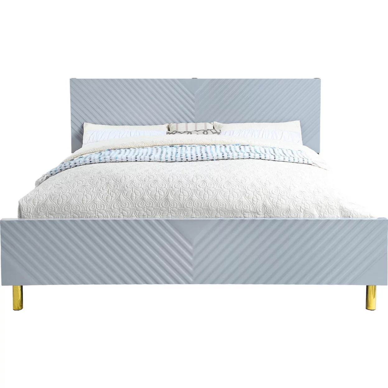 Tyra Modern Queen Bed, Panel Headboard, Textured Chevron, Slate Gray, Gold- Saltoro Sherpi