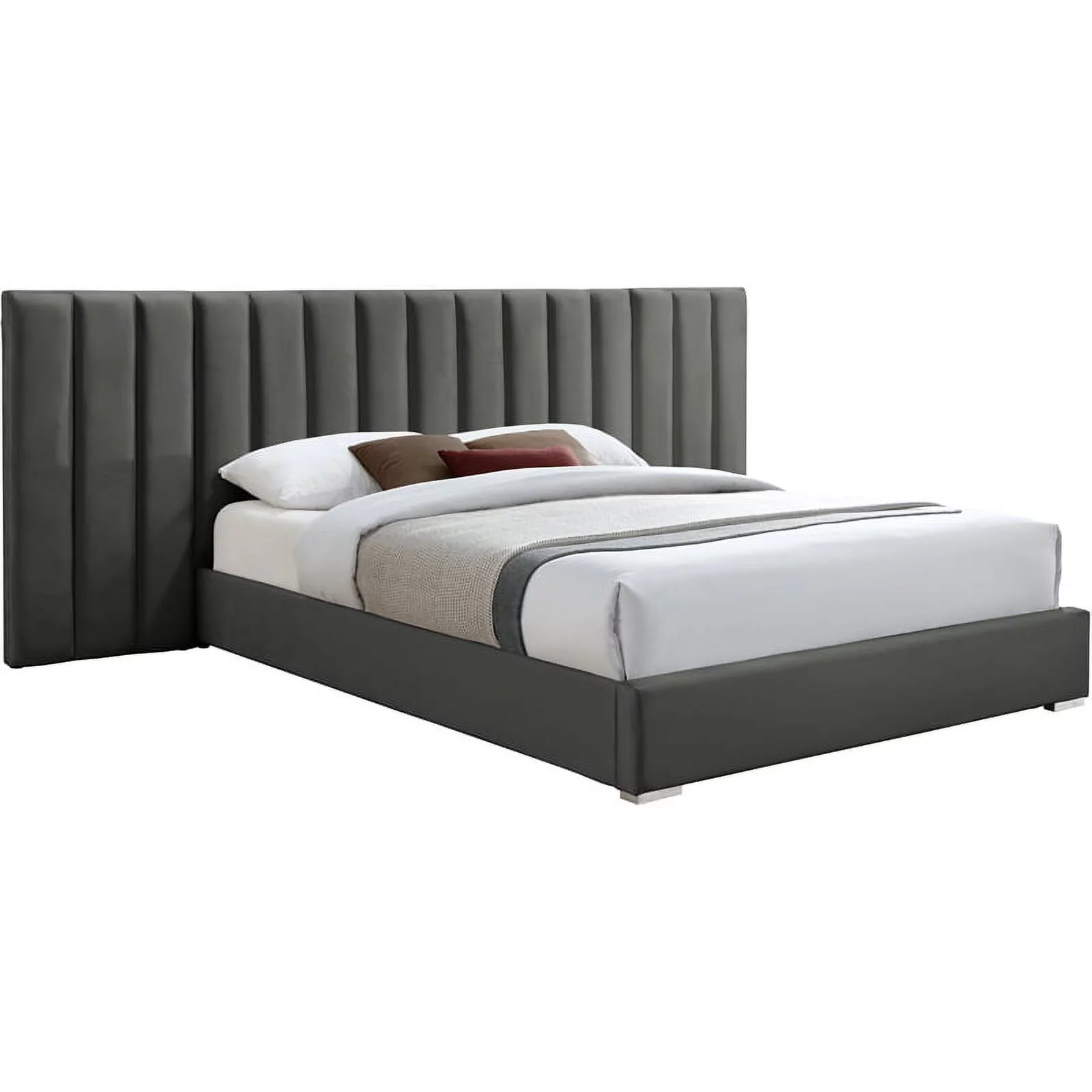Maklaine Contemporary Gray Velvet Queen Bed with Chrome Metal Legs