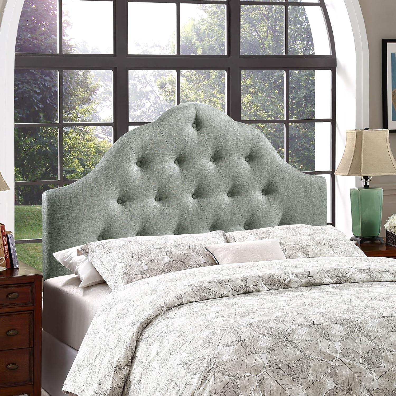 Sovereign Tufted Button Linen Fabric Upholstered King Headboard In Gray