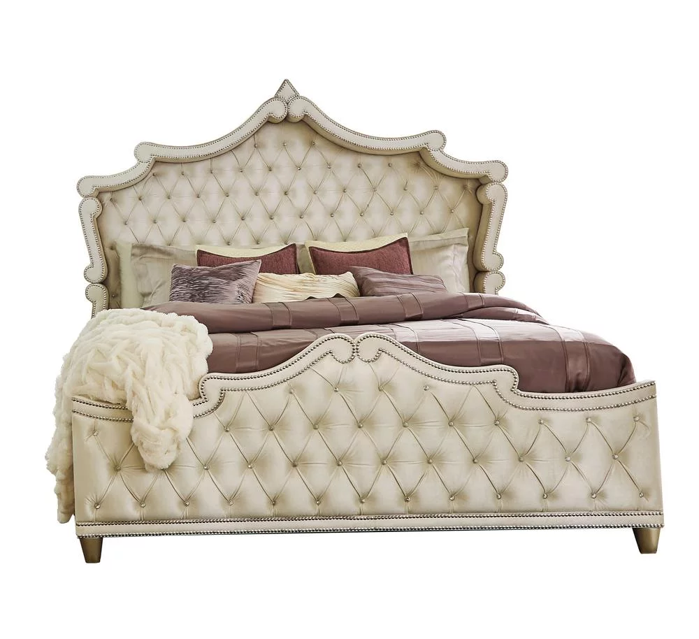 Antonella 4-Piece Queen Upholstered Tufted Bedroom Set Ivory and Camel