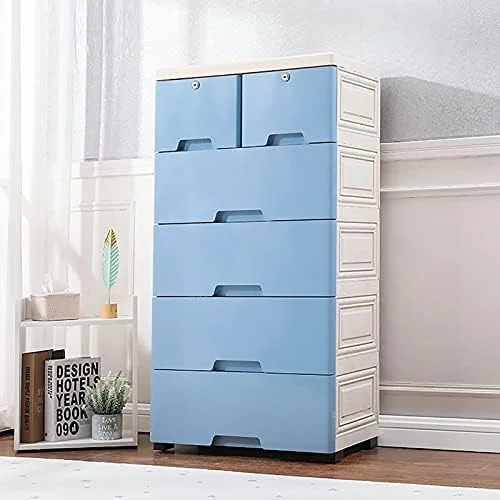 HBBOOMLIFE Plastic Drawers Dresser   Cabinet with 6 Drawers Closet Drawers Tall Dresser Organizer with 4 Wheels for Family  Toys  Clothes  Bedroom   Blue/Pink (Blue)
