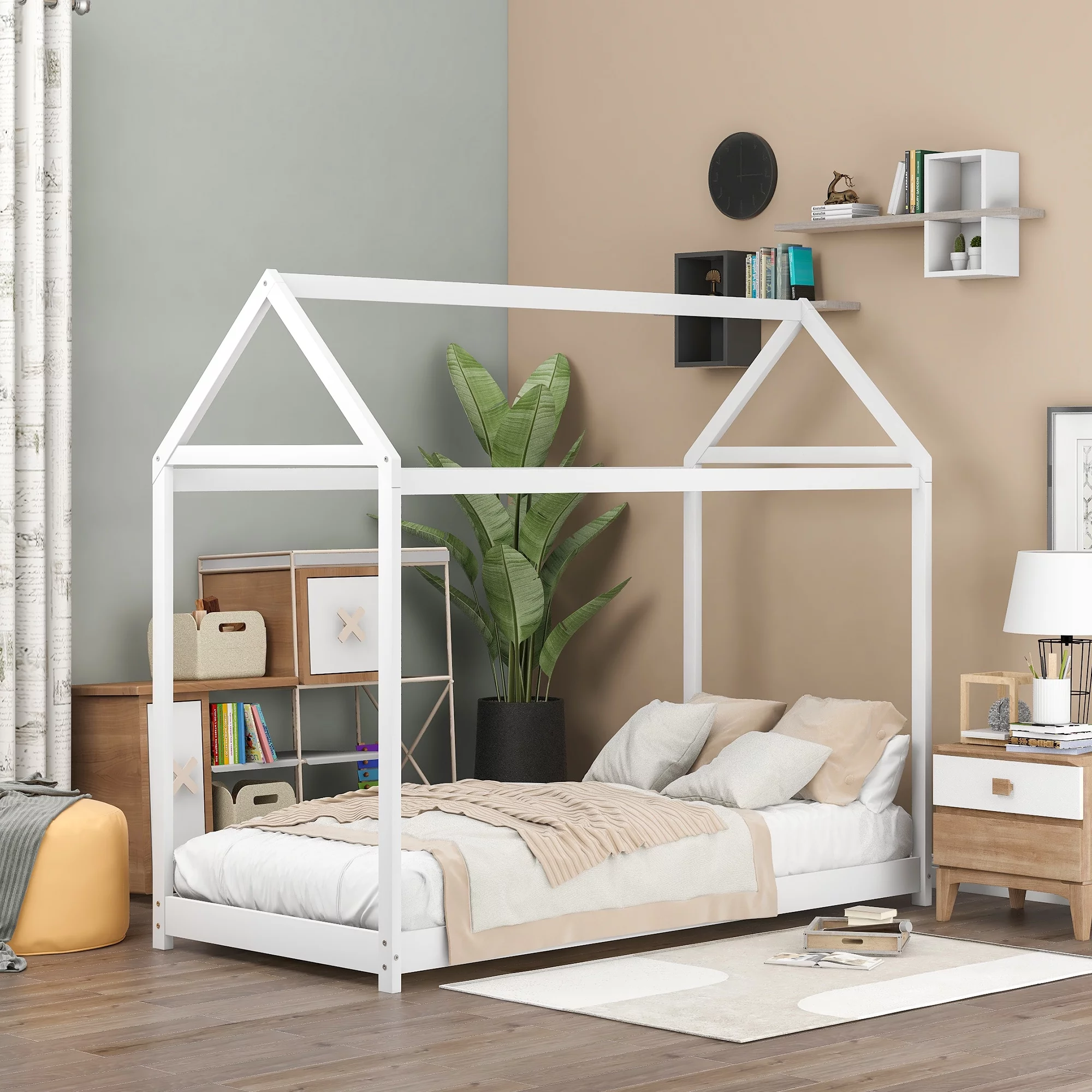Bedroom Twin Size Furniture Children Toddler House Bed Frame Twin Size Tent Bed Floor Bed for Kids, Teens, Girls, Boys