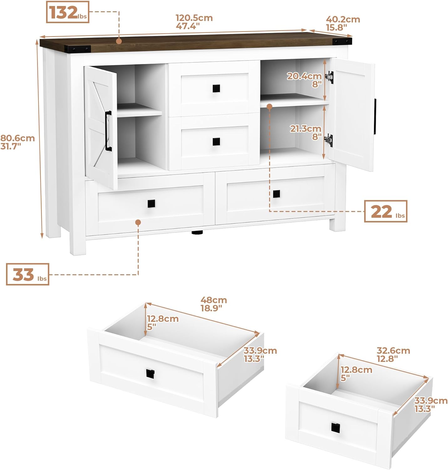 NLIBOOMLife Farmhouse White Dresser for Bedroom with 4 Drawers and 2 Barn Doors  White Wood Chest of Drawers 47 Inch Wide  Large  Long  Adjustable Shelves  5 Legs  Living Dining Room  Ent