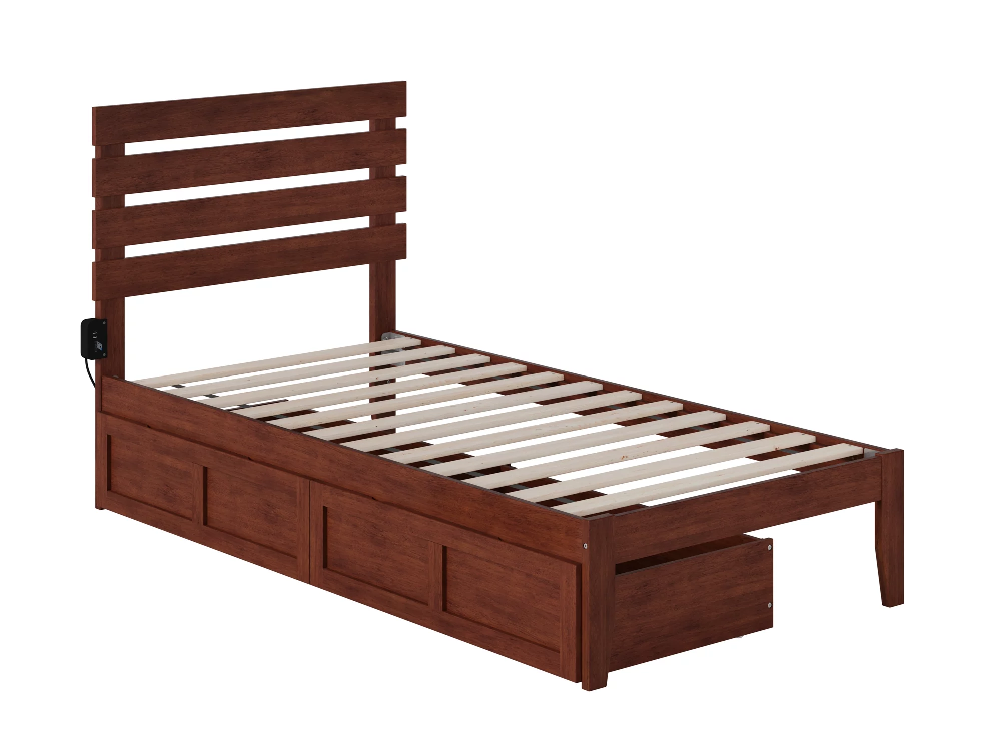 Oxford Twin Bed with USB Turbo Charger and 2 Drawers in Walnut