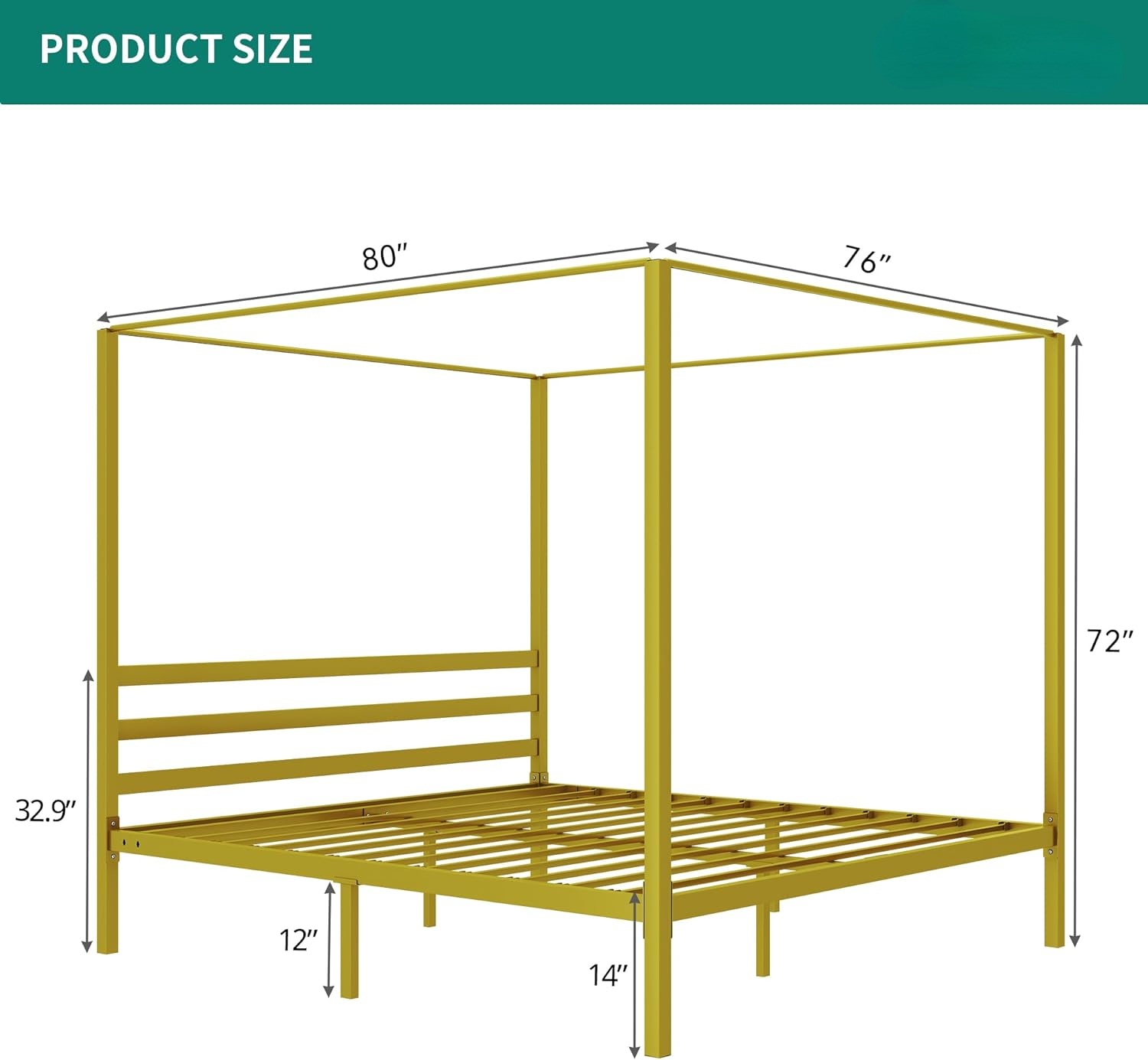 Metal Four Poster Canopy Bed Frame 14 Inch Platform with Built-in Headboard Strong Metal Slat Mattress Support, No Box Spring Needed, Gold, King Size