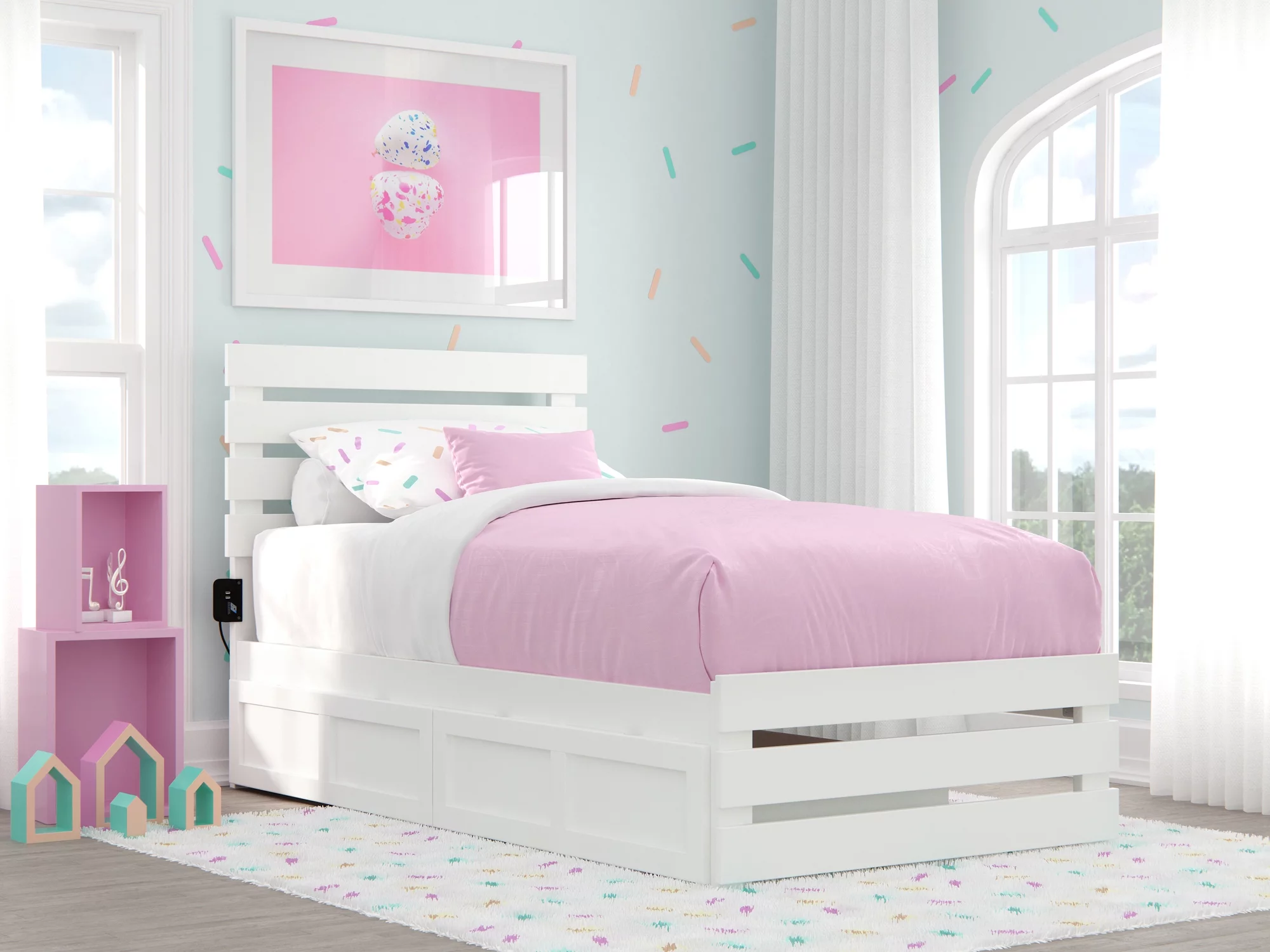 Oxford Twin Bed with Footboard and USB Turbo Charger with 2 Drawers in White
