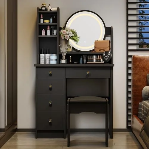 HBBOOMLIFE FUFU&GAGA Vanity Set with Round Mirror Makeup Vanity Dressing Table with 5 Drawers Shelves Dresser Desk and Cushioned Stool Set (Black/Lighted Mirror)