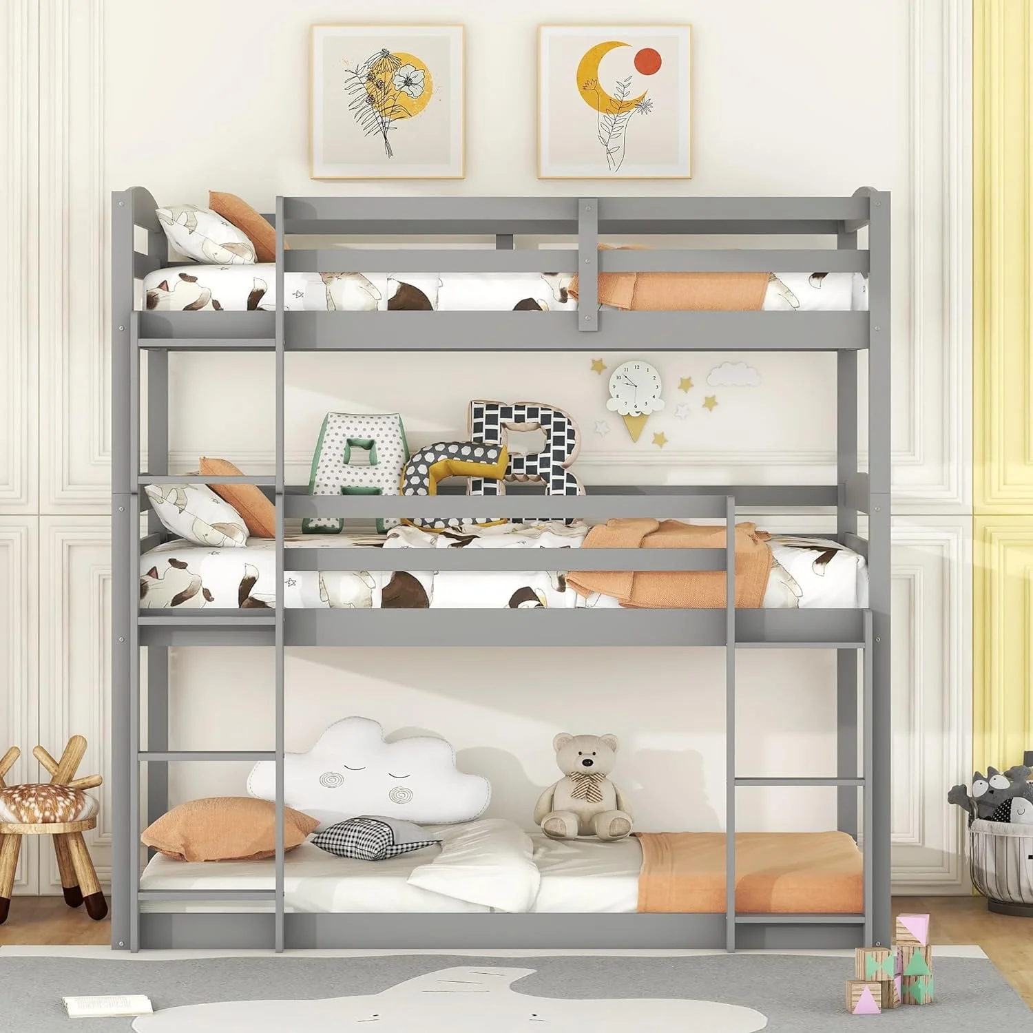 Triple Bunk Bed, Bunk Bed Over 3, Floor Triple Bunk Beds With Guardrails For Kids,3 Beds In One Bnk Bed Can Be Convertible Grey