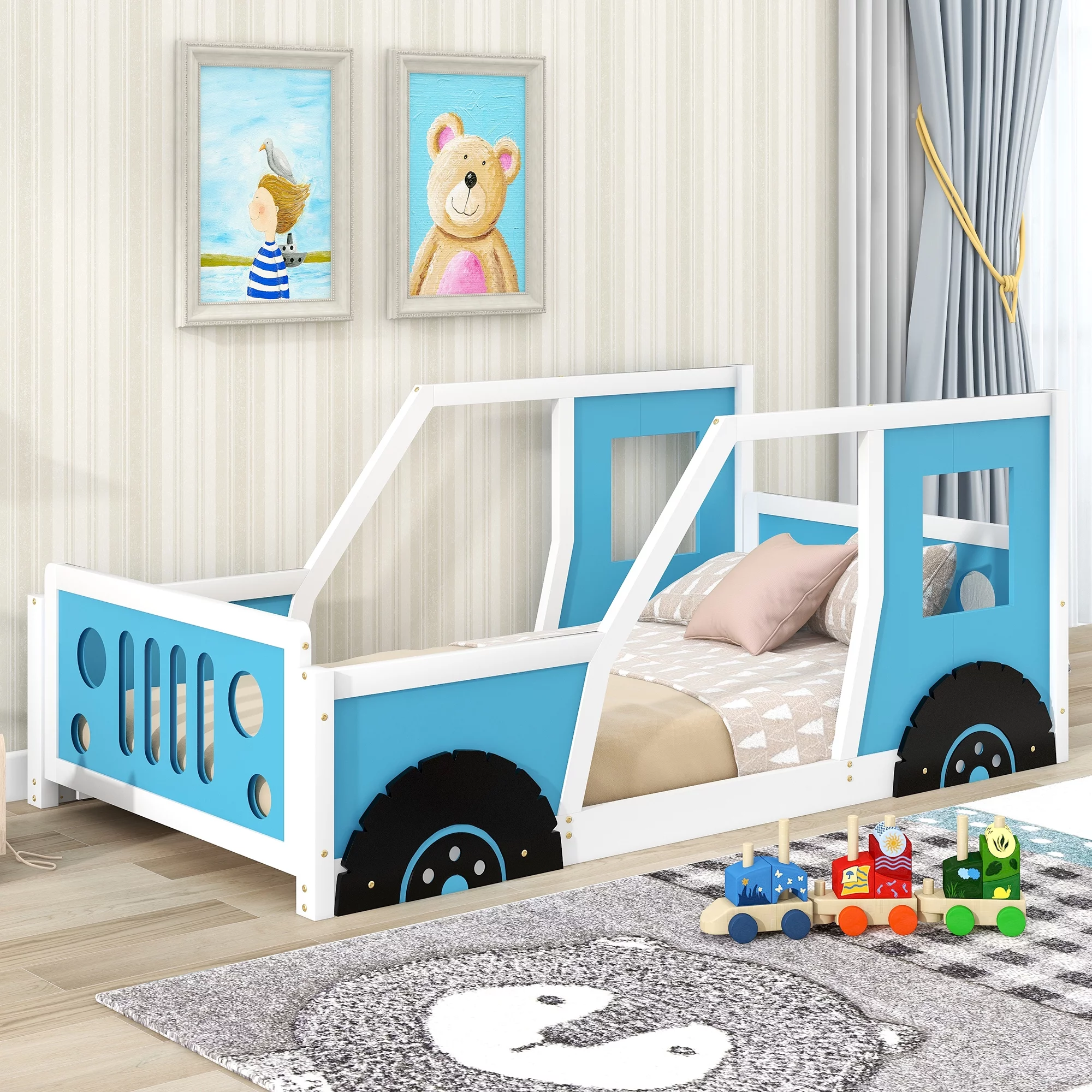 iRerts Twin Size Classic Car Bed Frame with Wheels, Wooden Kids Twin Platform Bed Frame with Support Slats, Twin Bed Frame for Kids Toddlers Boys Girls Bedroom, No Box Spring Needed, Blue