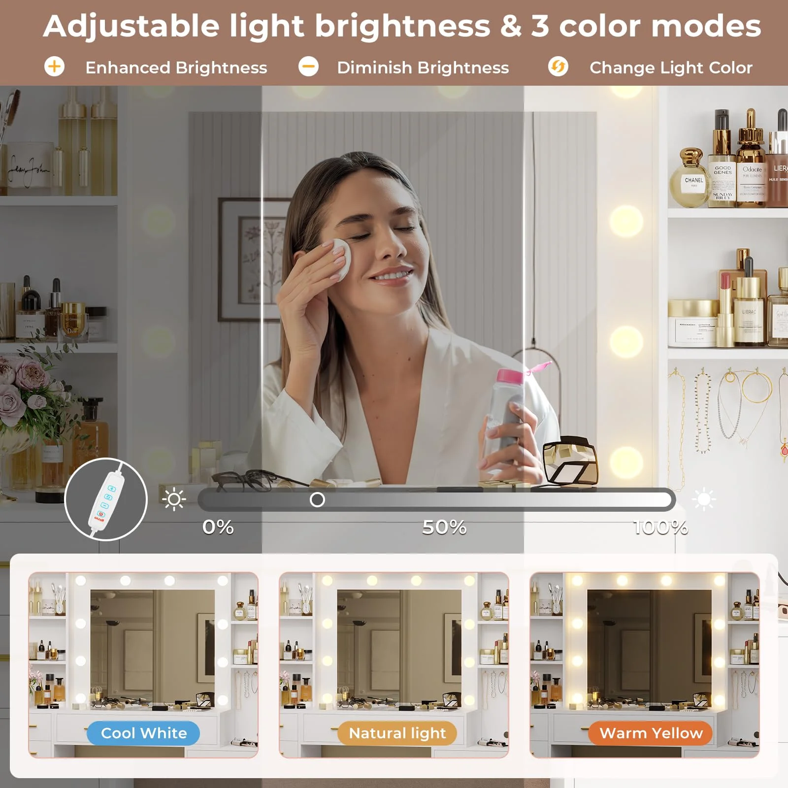 Weiplehoom 48.8'' Vanity Desk with Lighted Mirror, Power Outlet, 6 Drawers, 4 Shelves, Glass Tabletop, White
