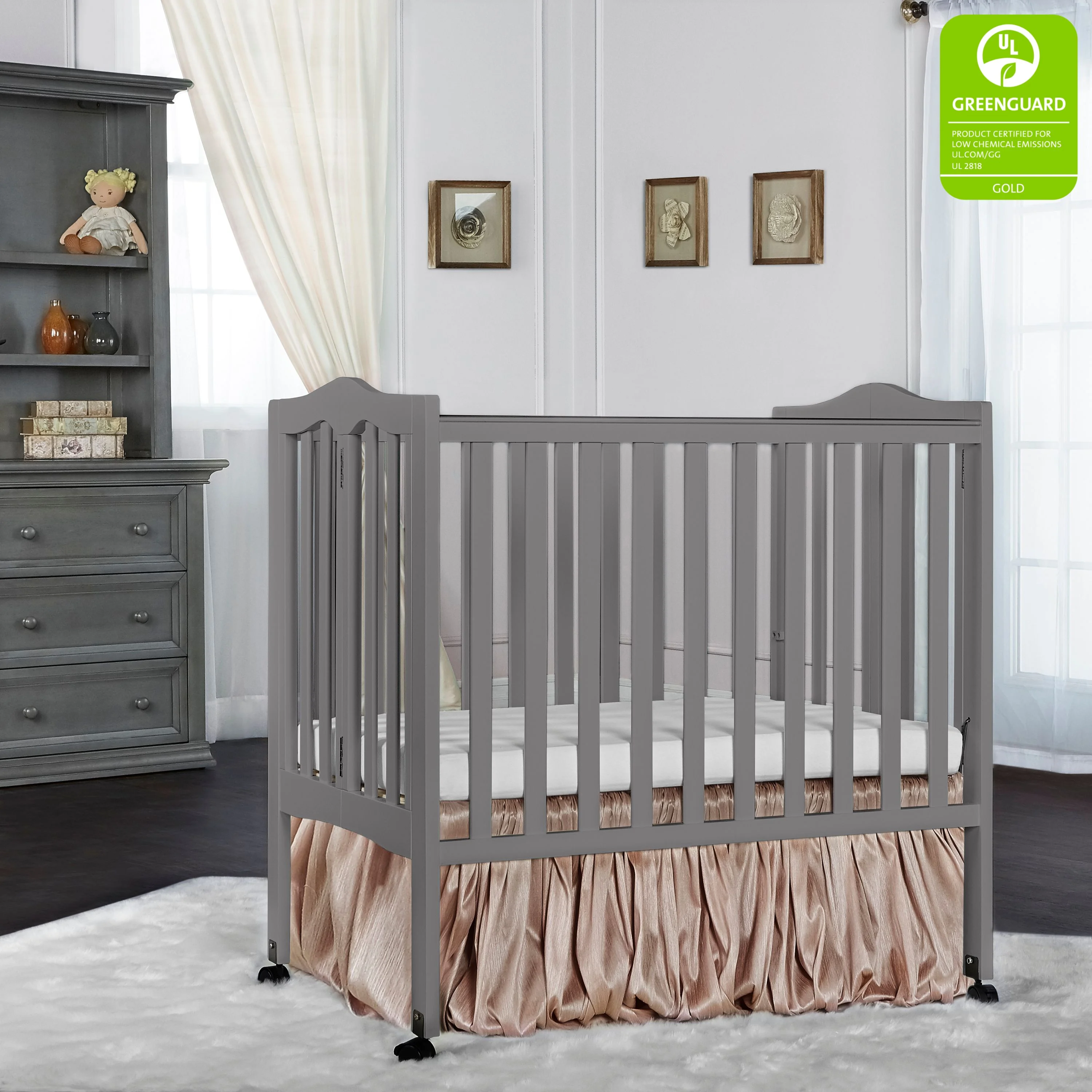 Dream On Me 2-in-1 Lightweight Folding Portable Crib, Storm Grey