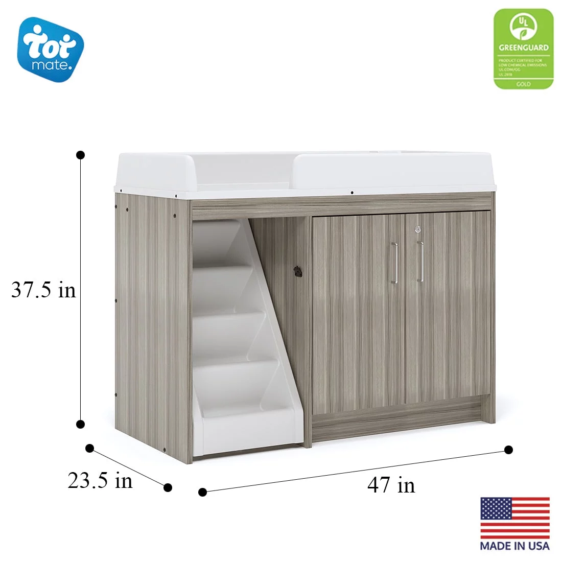 Tot Mate Toddler Walk Up Baby Changing Table with Stairs and Storage, Wood Laminate Finish, Elm Gray