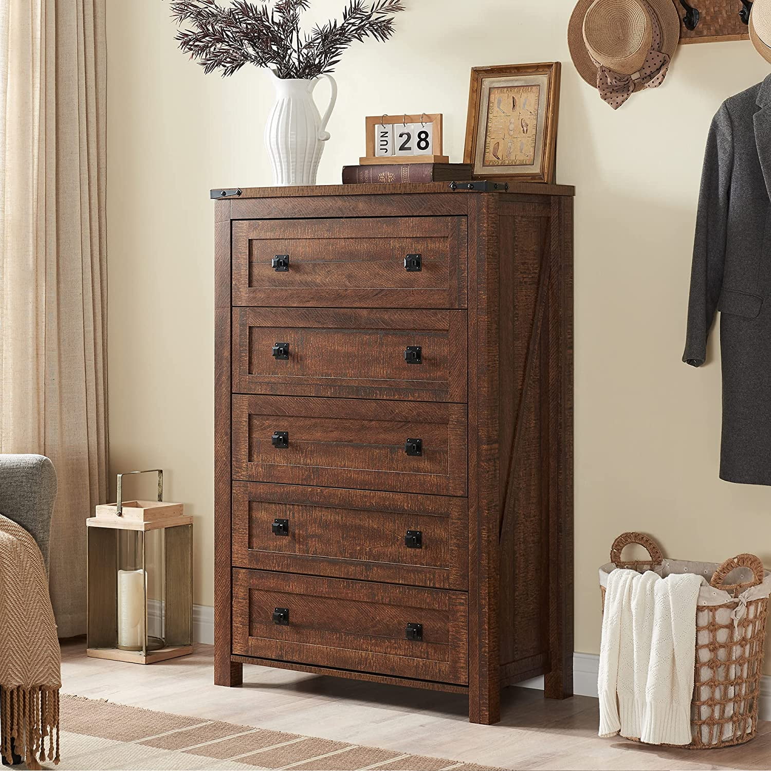 Popular Farmhouse 5 Drawers Dresser Chests for Bedroom Wood Rustic Tall Chset of Drawers Dressers Organizer for Bedroom Living Room Hallway Reclaimed Barnwood