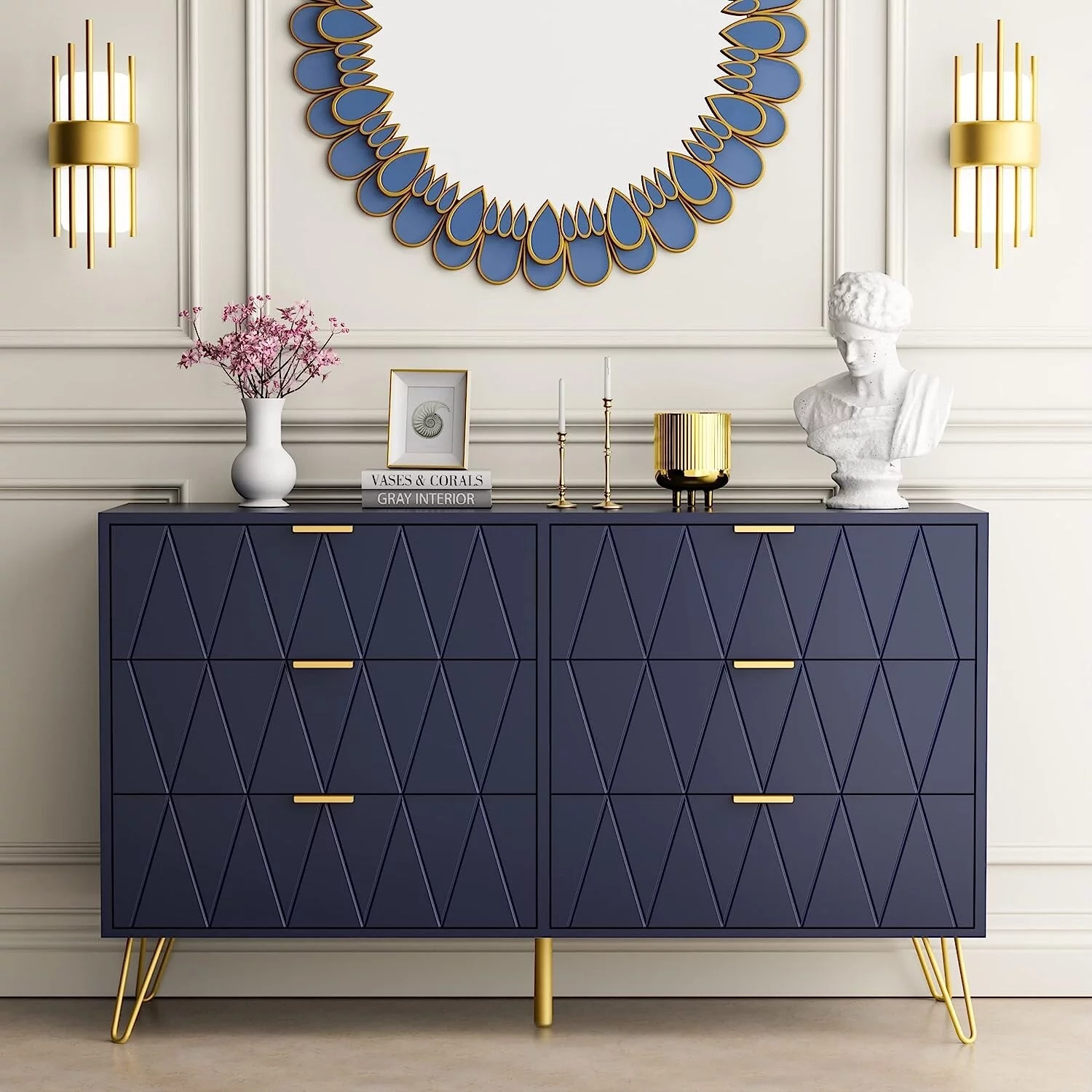 6 Drawer Dresser Drawer Chest Tall Storage Cabinet Organizer Unit Bedroom Living Room Large-Navy Blue