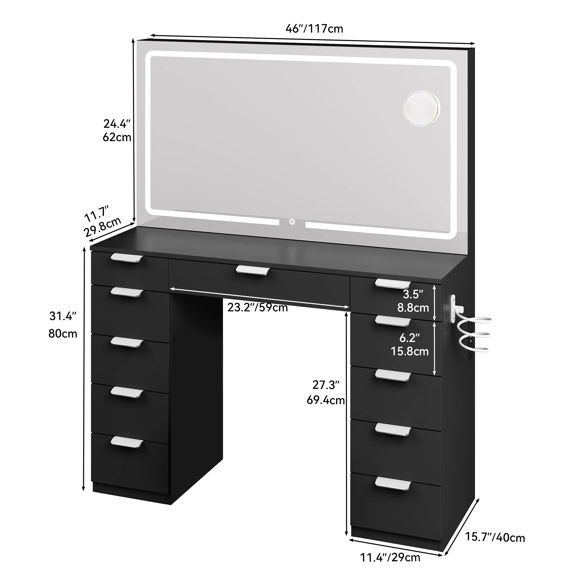 Dextrus Elegant Vanity Desk Set with Large LED Mirror & Power Outlet - Makeup Vanity with 11 Drawers and Magnifying Glass, 46