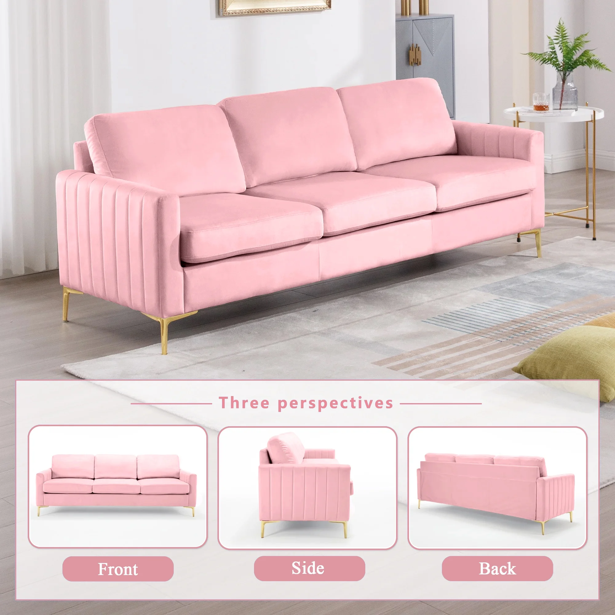 Muumblus 3 Pieces Velvet Living Room Furniture Sets, Modern 1 Seater Sofa Chair and 2 Seater Loveseat Sofa and 3 Seater Sofa Couch, Pink