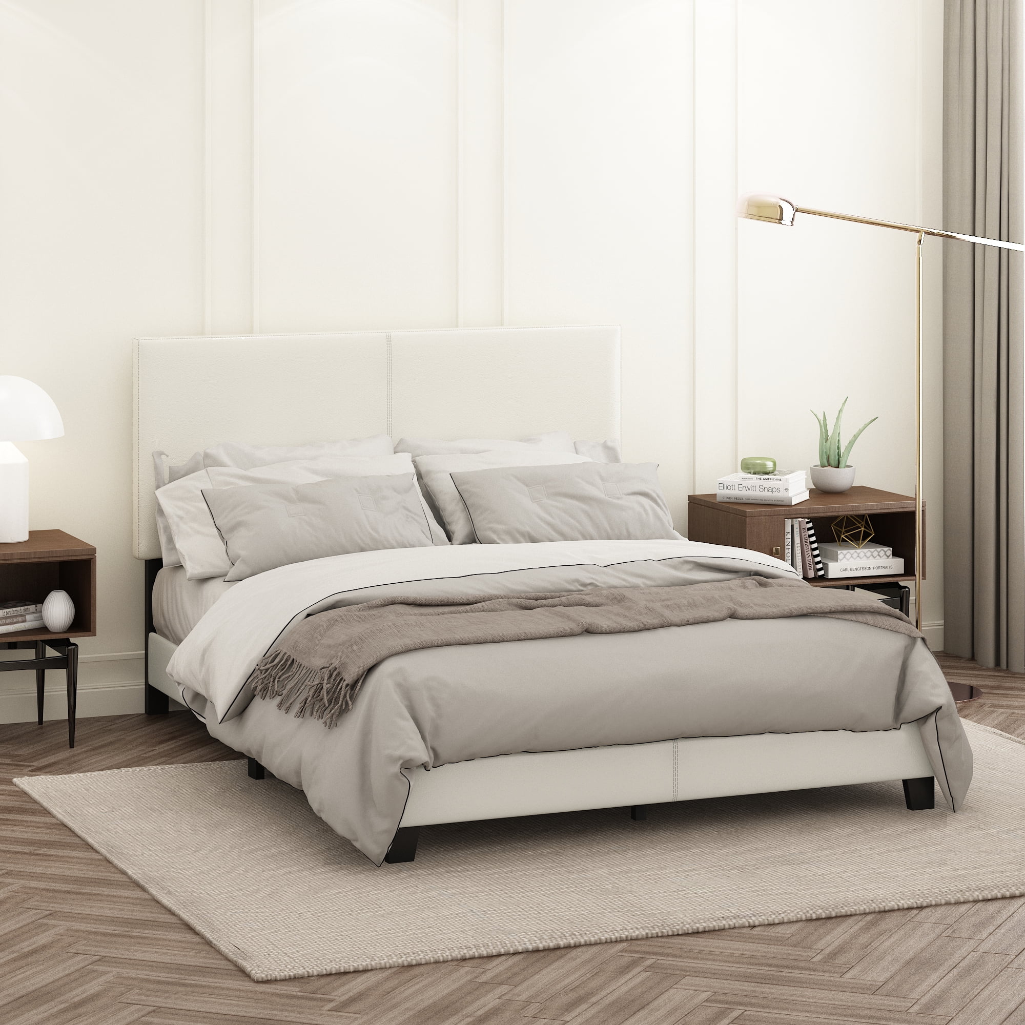 Furinno Pessac Upholstered Bed Frame, White PU Leather, Queen