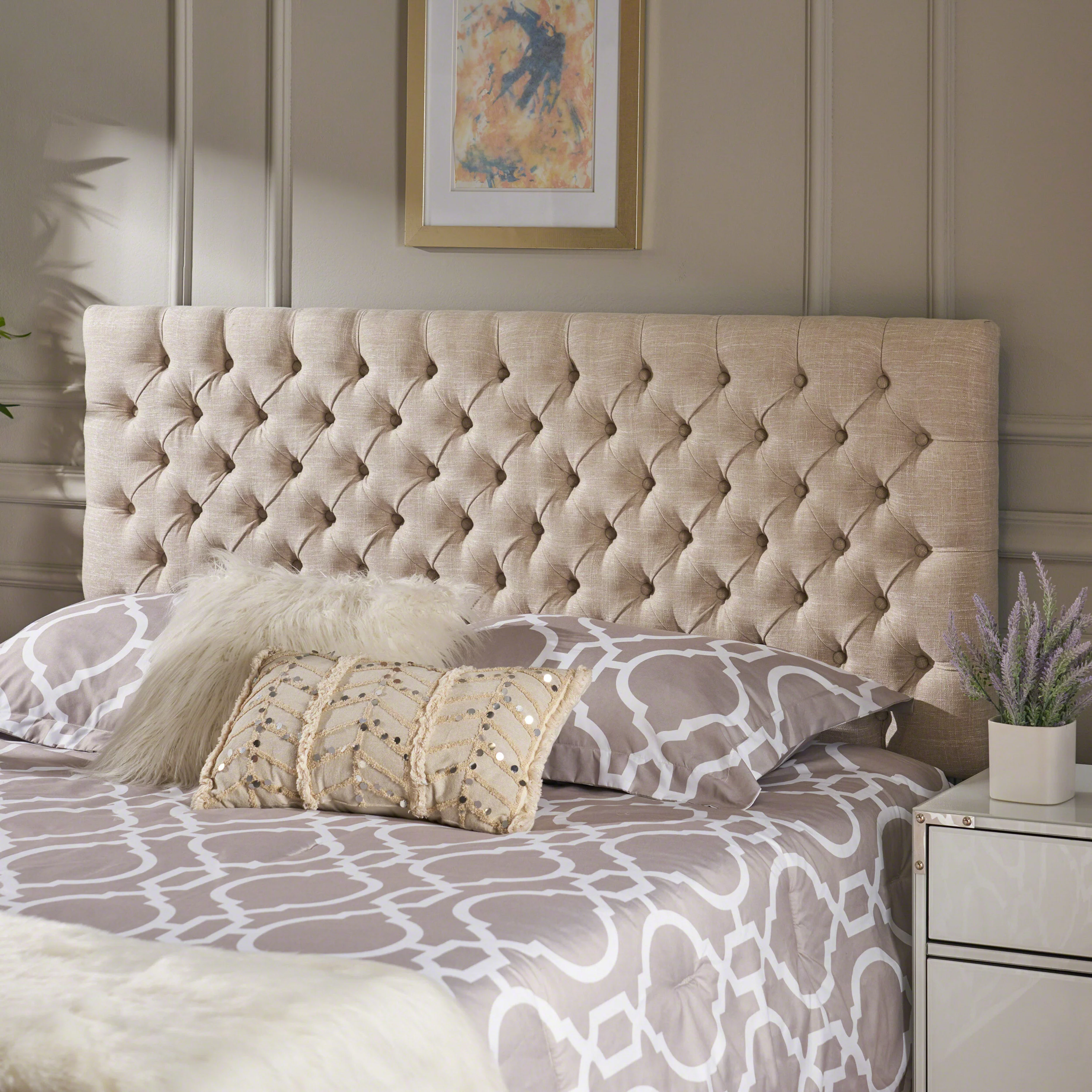 GDF Studio Brunet Contemporary Tufted Full/Queen Headboard, Light Beige Fabric