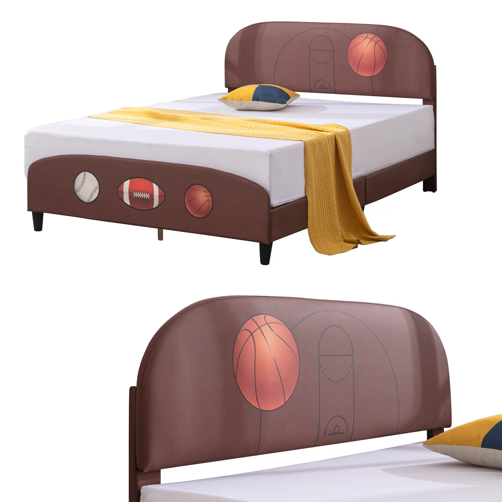 Mjkone Twin Size Kids Beds, Children Upholstered Toddler Bed with Curved Basketball Design Headboard Brown Platform Bed Frame for Boys & Girls Teens, No Box Spring Needed (Basketball)